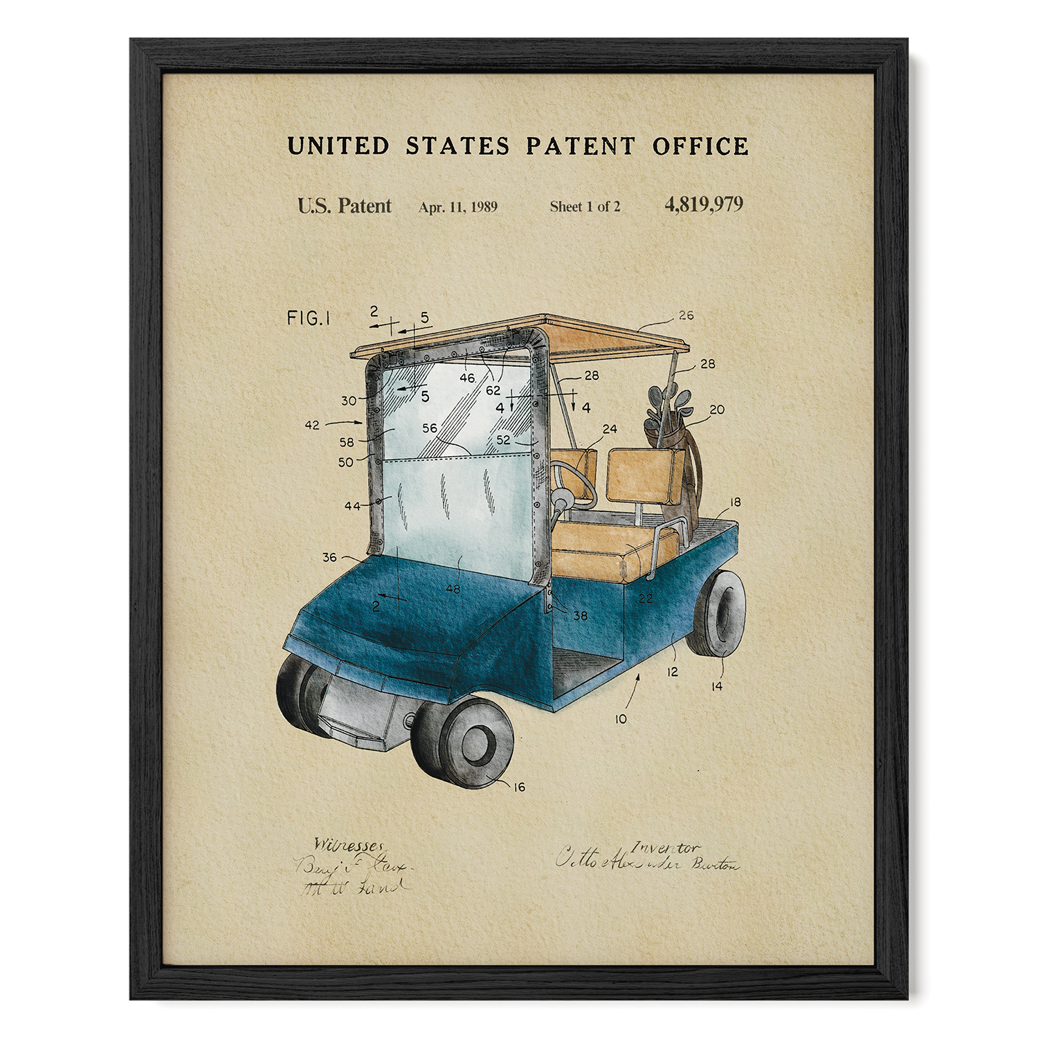 The image is a framed patent drawing of a golf cart, depicting its design and features.