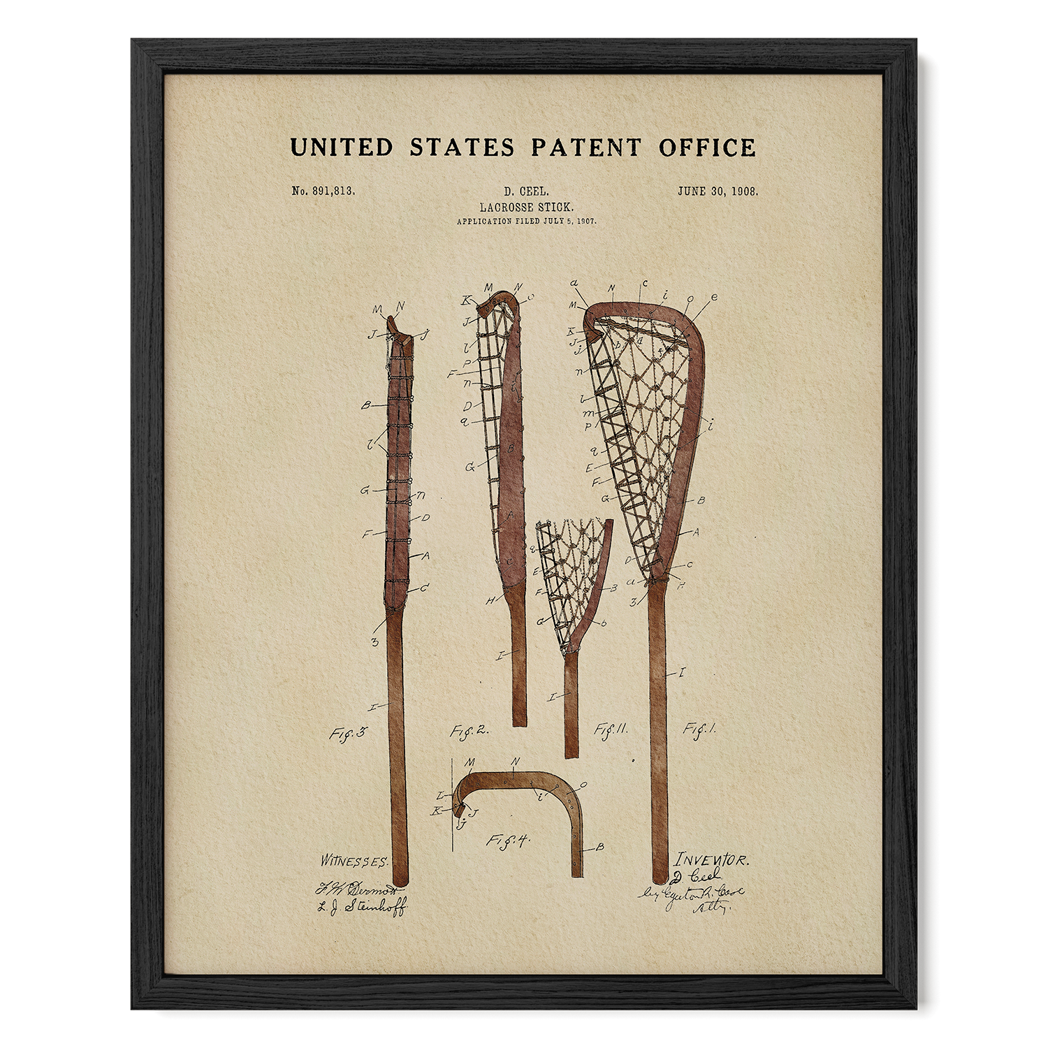 The image is a framed print of a United States patent office patent from June 30, 1908, depicting a lacrosse stick with various technical drawings and annotations.