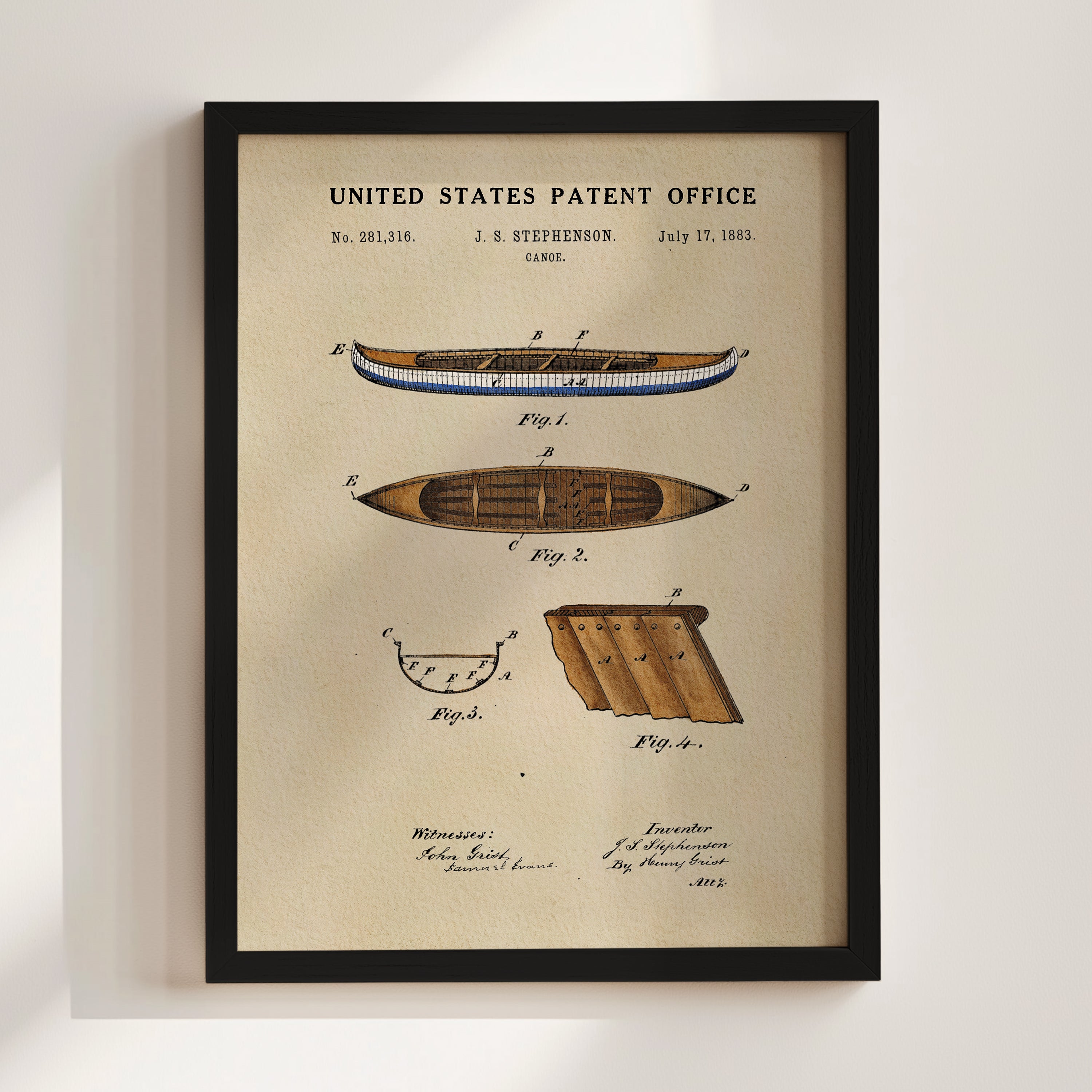 The image is a framed patent drawing depicting a boat, specifically a kayak, with accompanying technical drawings and annotations.