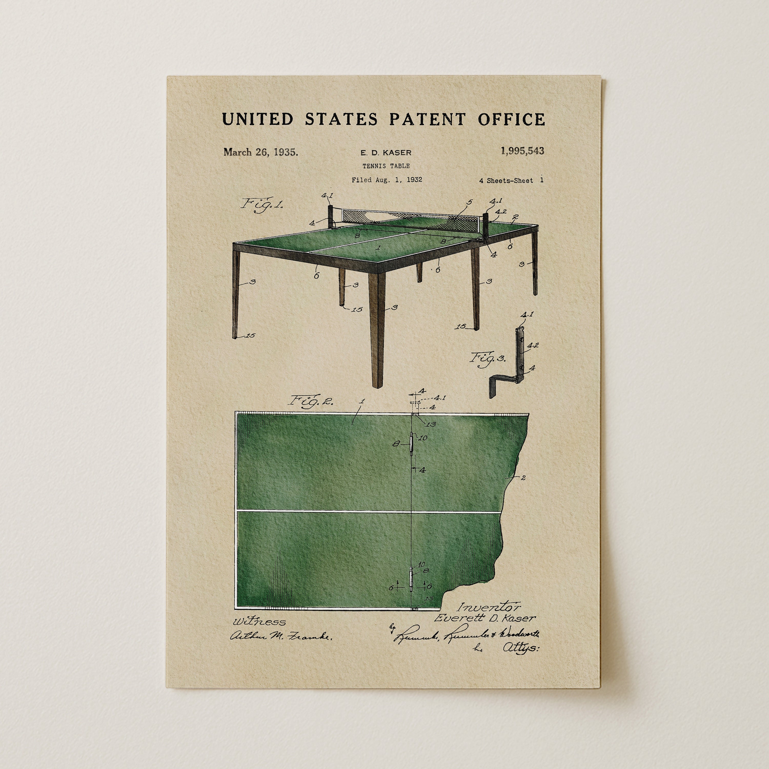 The image is a patent drawing from March 26, 1933, depicting a table tennis table with a green top and wooden frame.