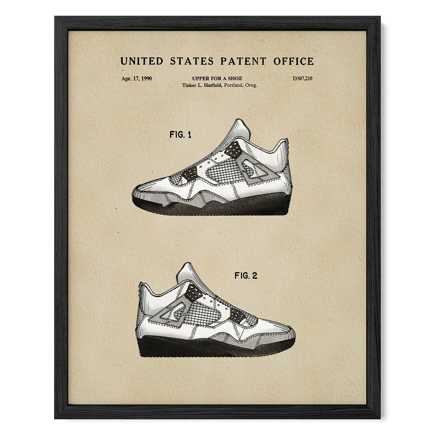 The image is a framed patent drawing of a shoe, depicting two different models of the same shoe design.