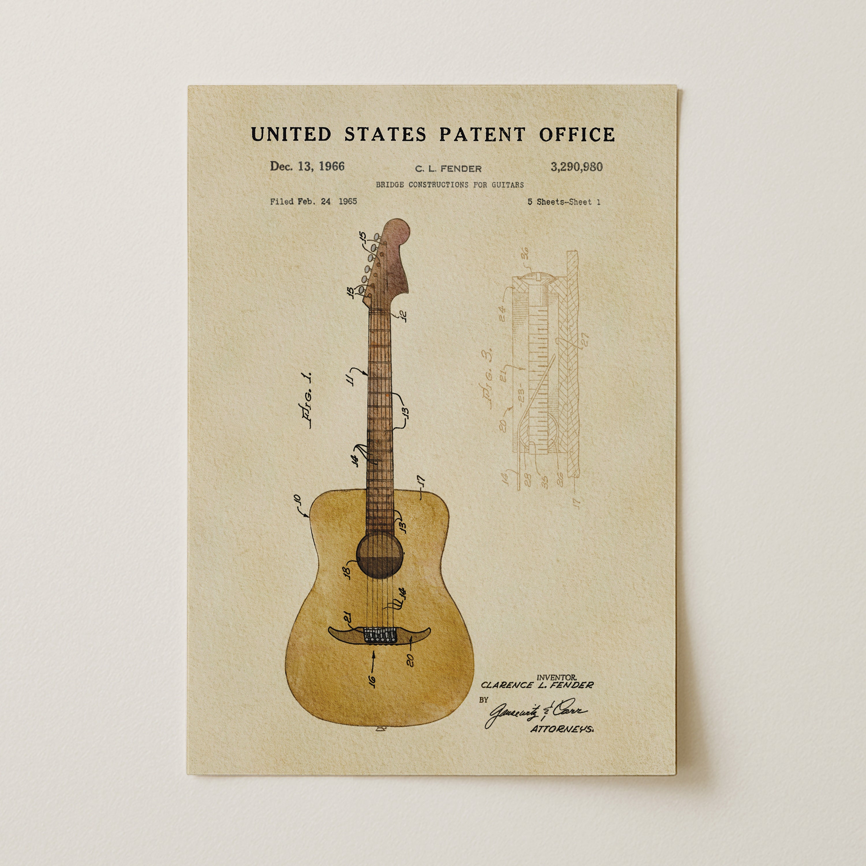 A vintage United States patent office document featuring a detailed drawing and technical specifications of a guitar, along with the inventors' names and the date of the patent.