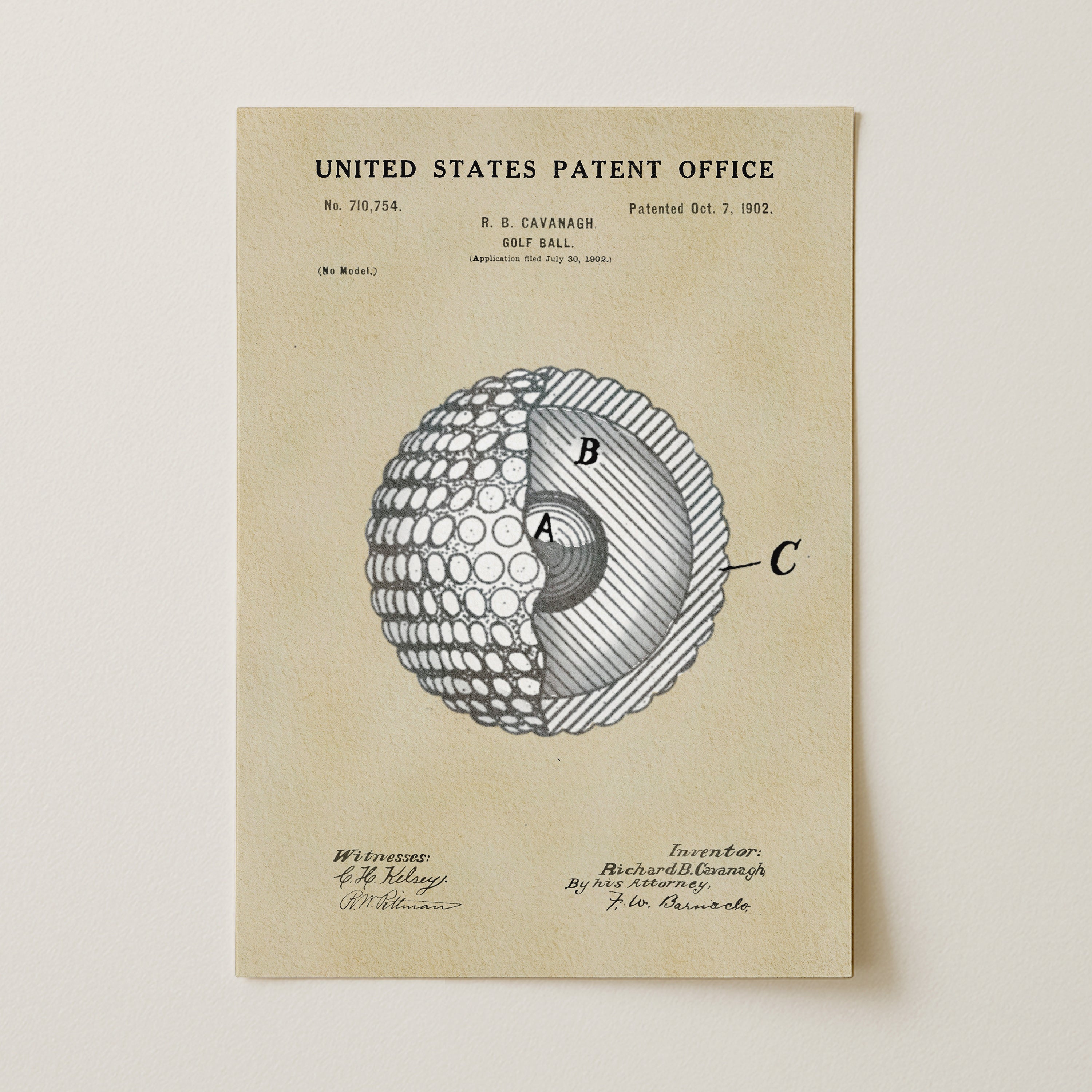 The image is a patent drawing from the United States Patent Office, depicting a golf ball with a cross-section view.