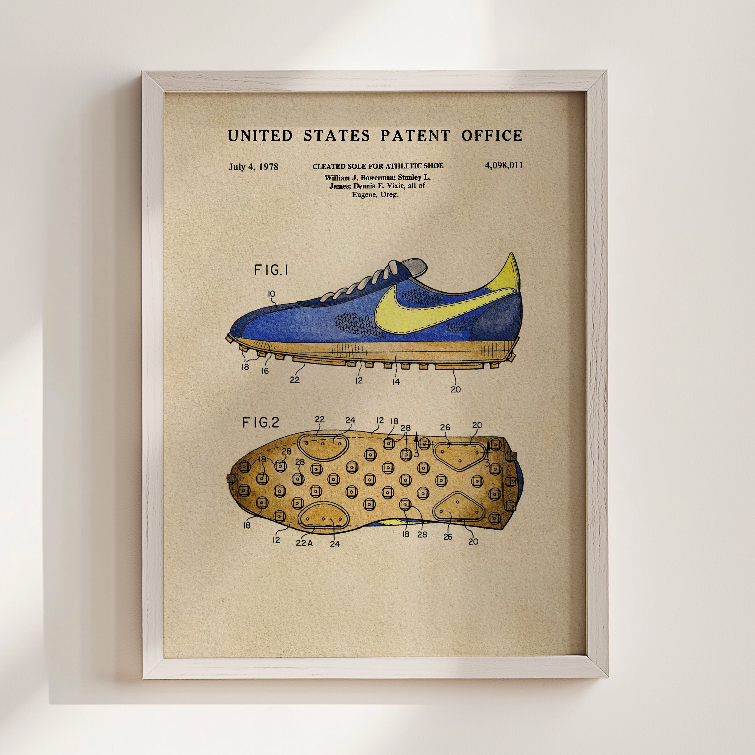 The image is a framed patent drawing depicting a blue and yellow athletic shoe, with detailed technical drawings and labels.