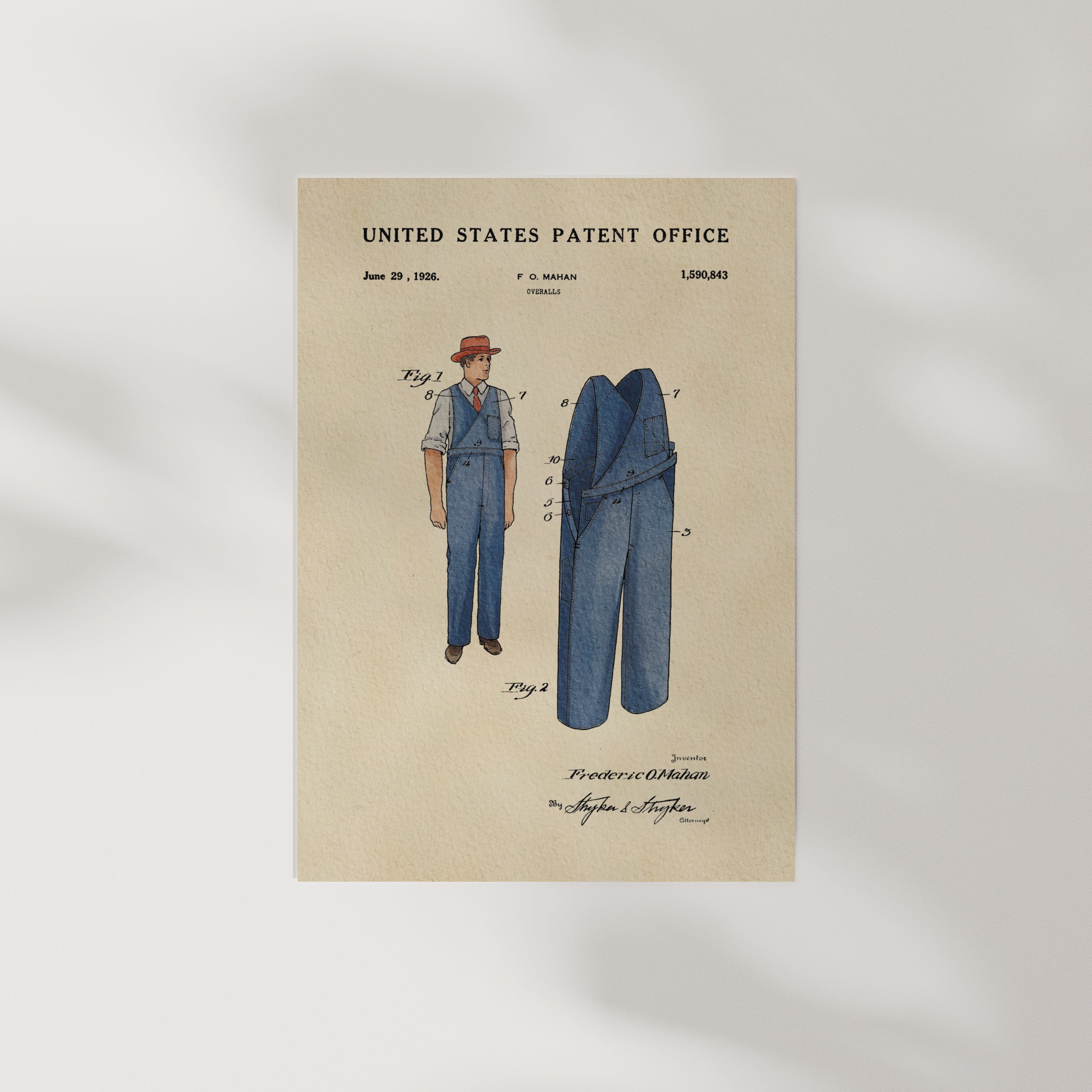 The image is a vintage patent drawing depicting a man's overalls from the 1920s, with detailed illustrations and annotations.