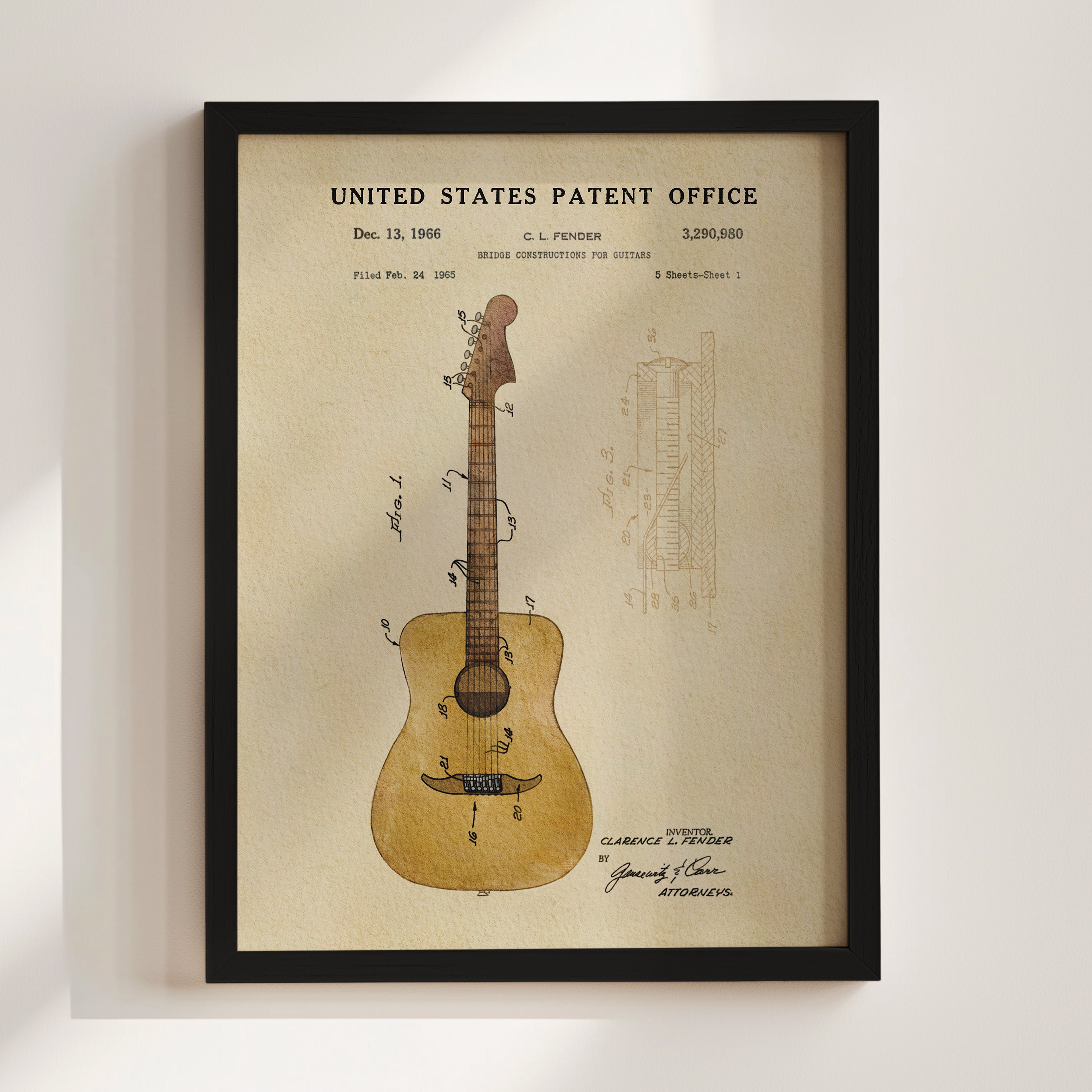 The image is a framed patent drawing of a guitar, depicting the design and construction of the guitar.
