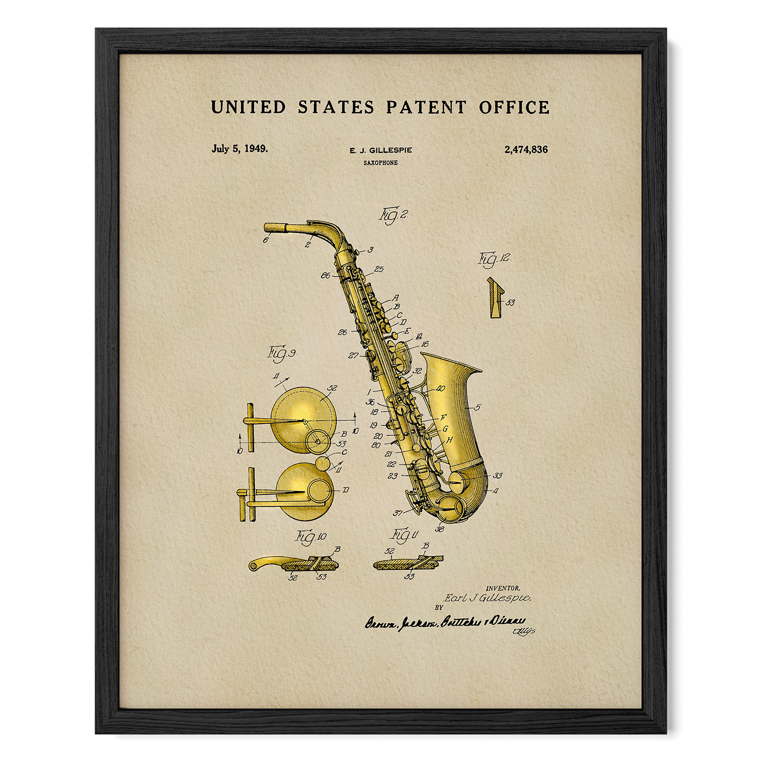 The image is a framed patent drawing of a saxophone, depicting its various components and parts in a detailed manner.