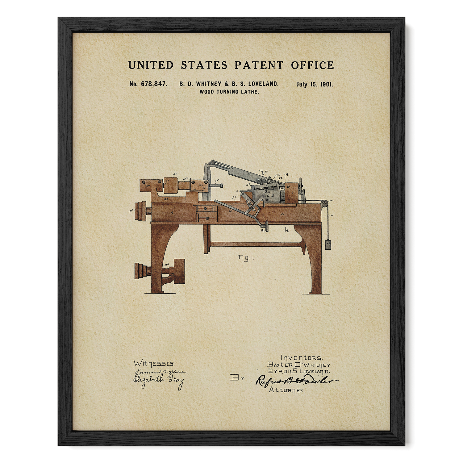 The image is a framed patent drawing from the United States Patent Office, depicting a wood turning lathe.