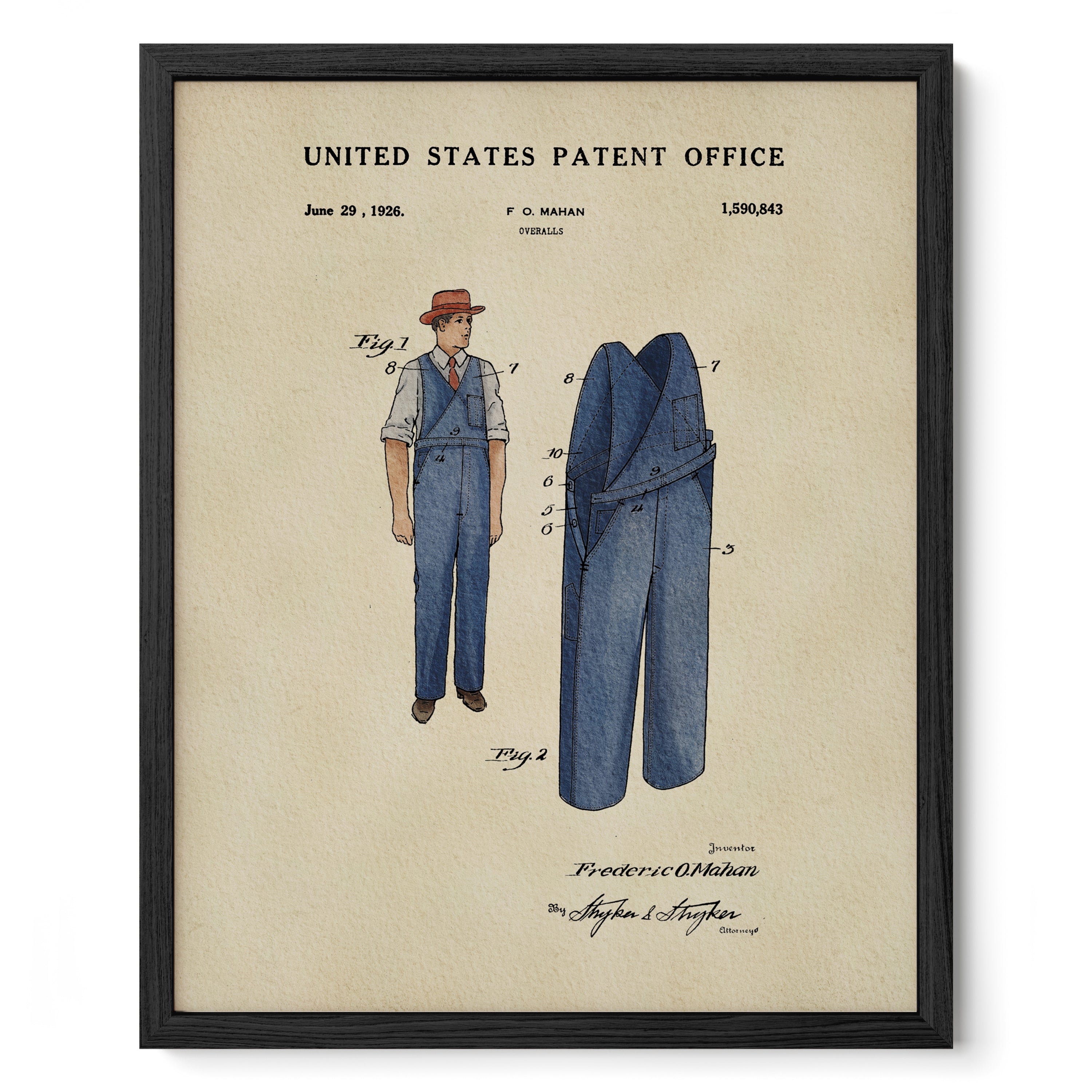 The image is a framed patent drawing depicting a man's outfit, including a hat and pants, with a title