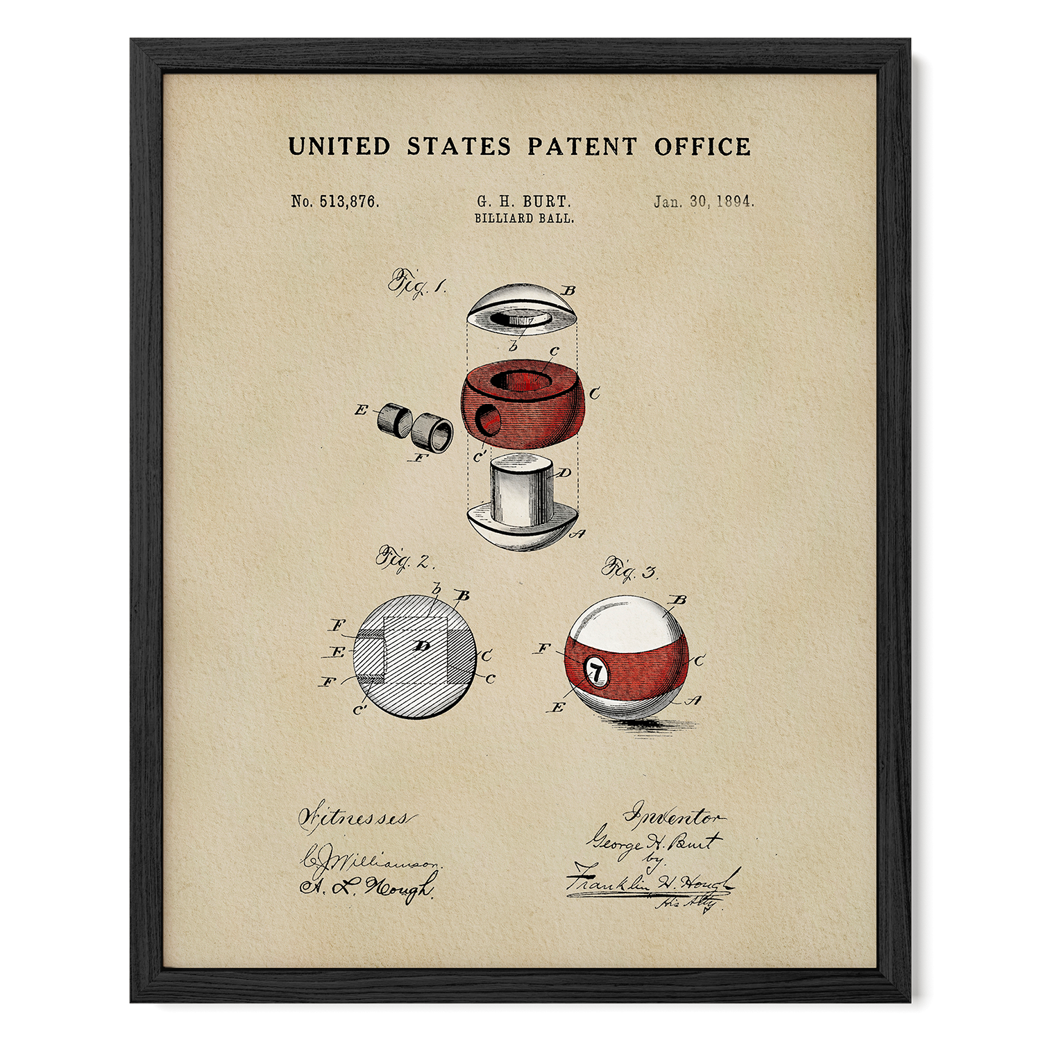 The image is a framed patent drawing from the United States Patent Office, depicting a red and white pool ball and a pool cue.