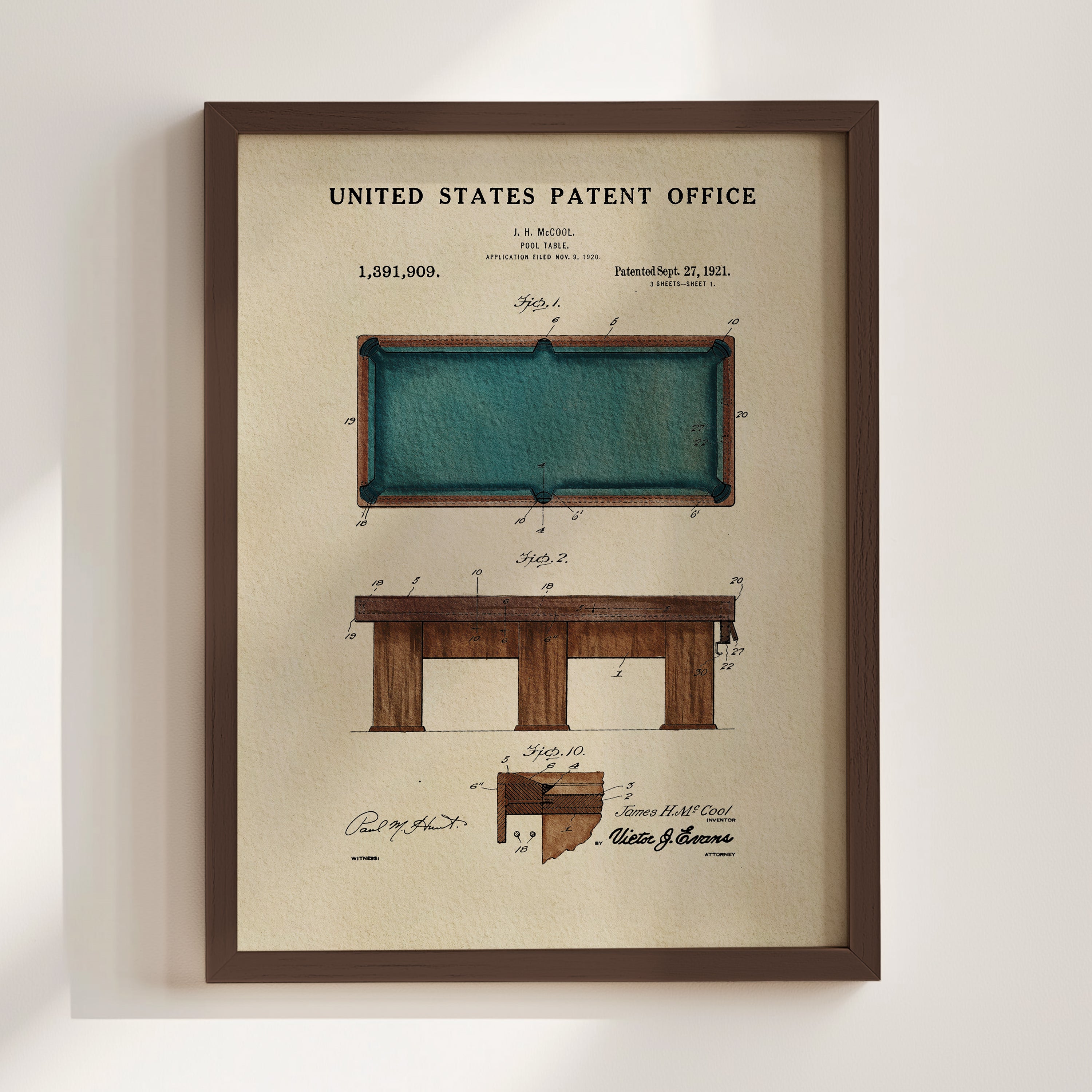 The image is a framed patent drawing of a pool table, depicting the design and features of the table.