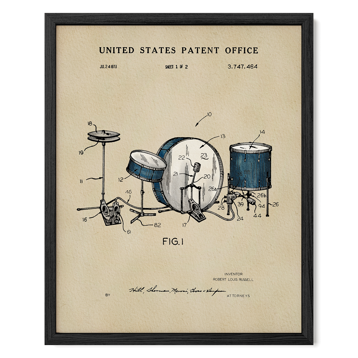 The image is a framed patent drawing depicting a drum set, with various technical drawings and labels.