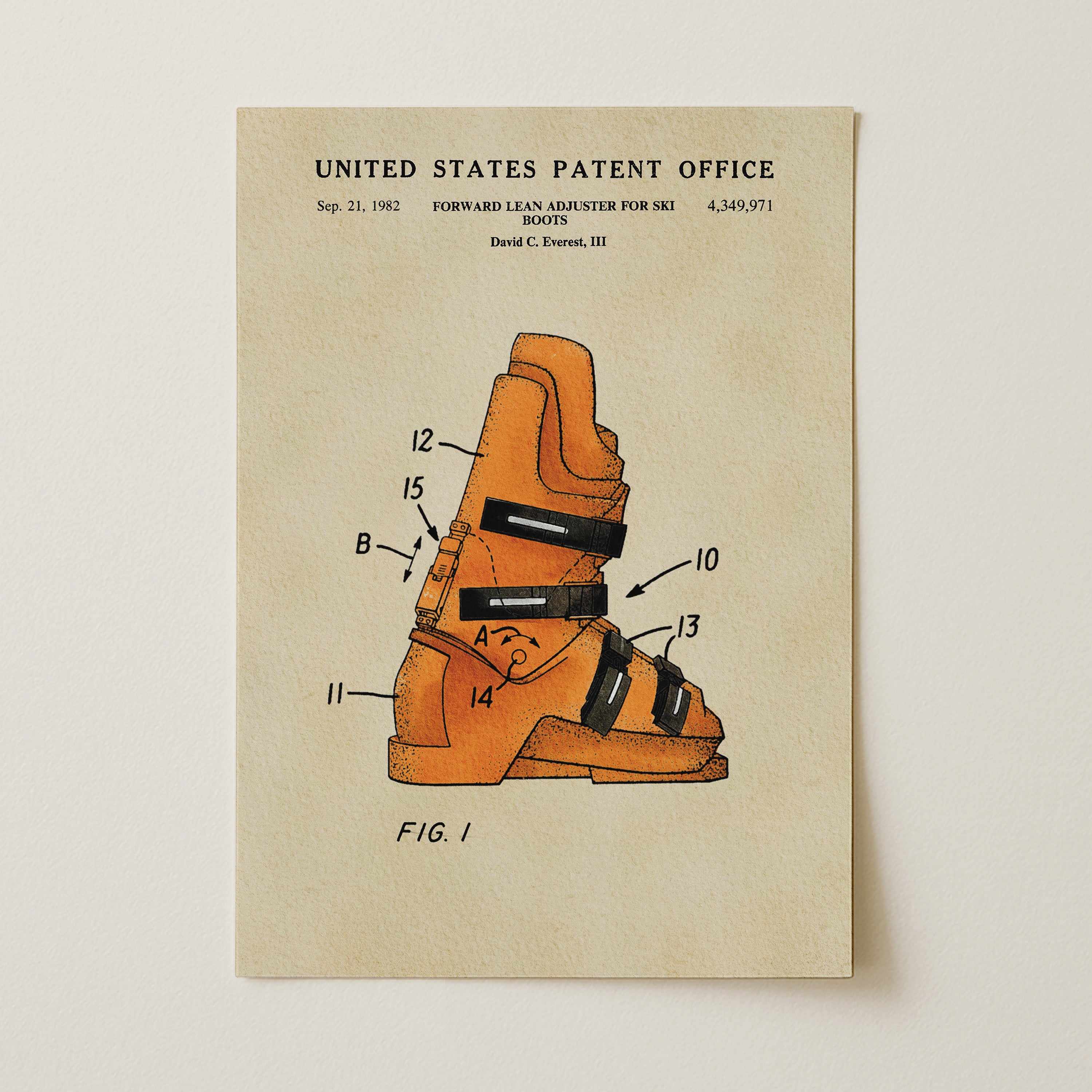 The image is a framed patent drawing depicting a pair of orange ski boots with various numbered straps and buckles.