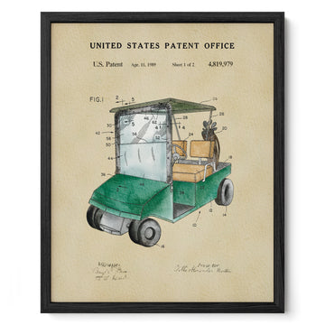 The image is a framed print depicting a golf cart, with a detailed technical drawing and patent filing information.