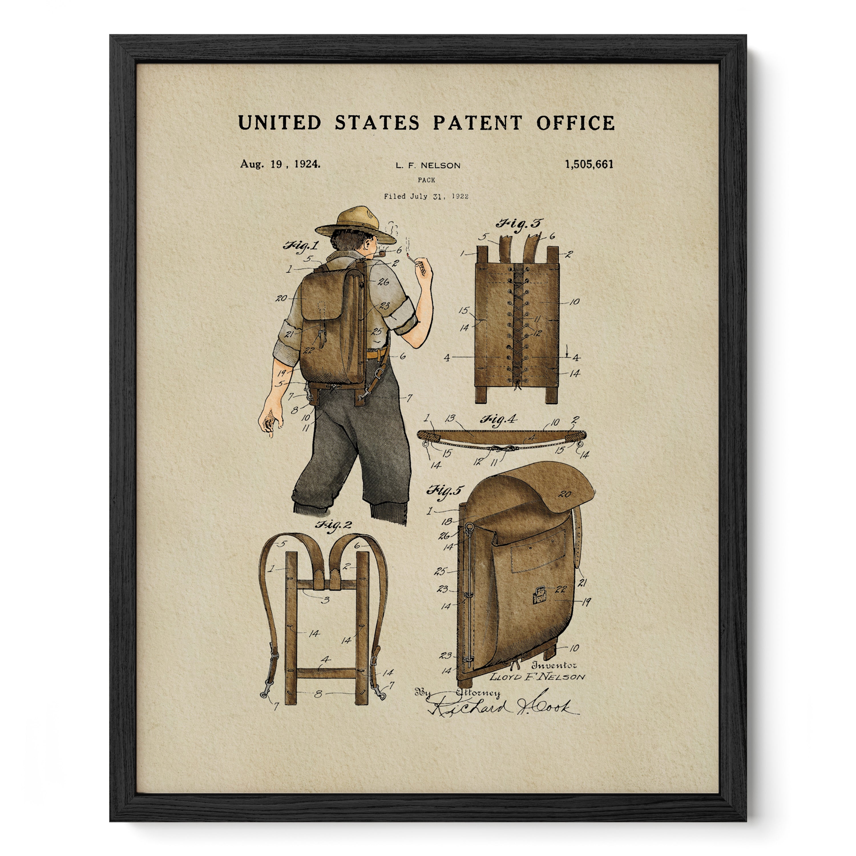 The image is a framed patent drawing depicting a man with a backpack, showing the design and features of the backpack.