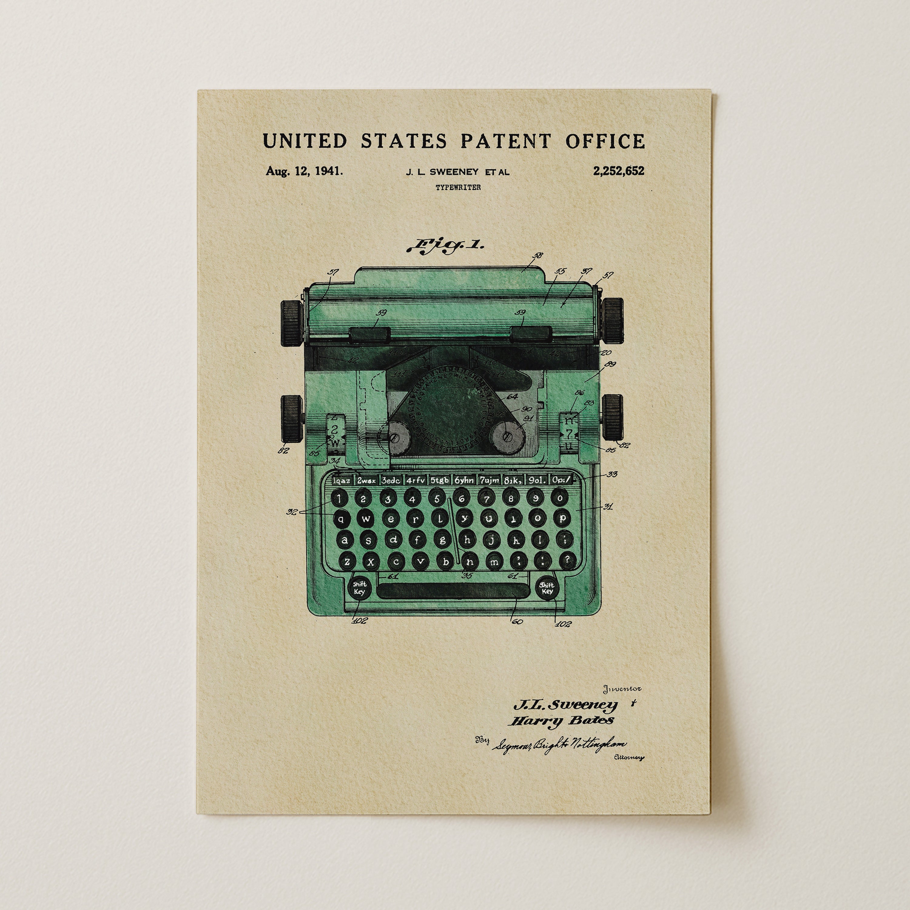 The image is a vintage United States patent office patent drawing of a typewriter, dated August 12, 1941.