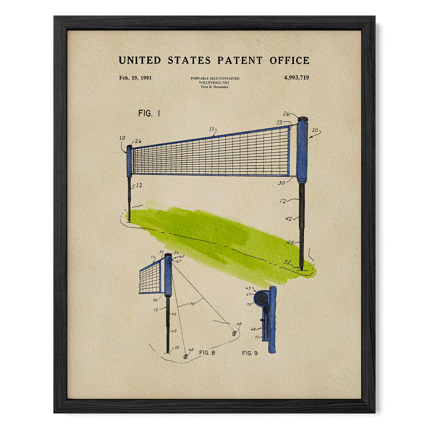 The image is a framed patent drawing of a volleyball net, depicting the net's design and features.