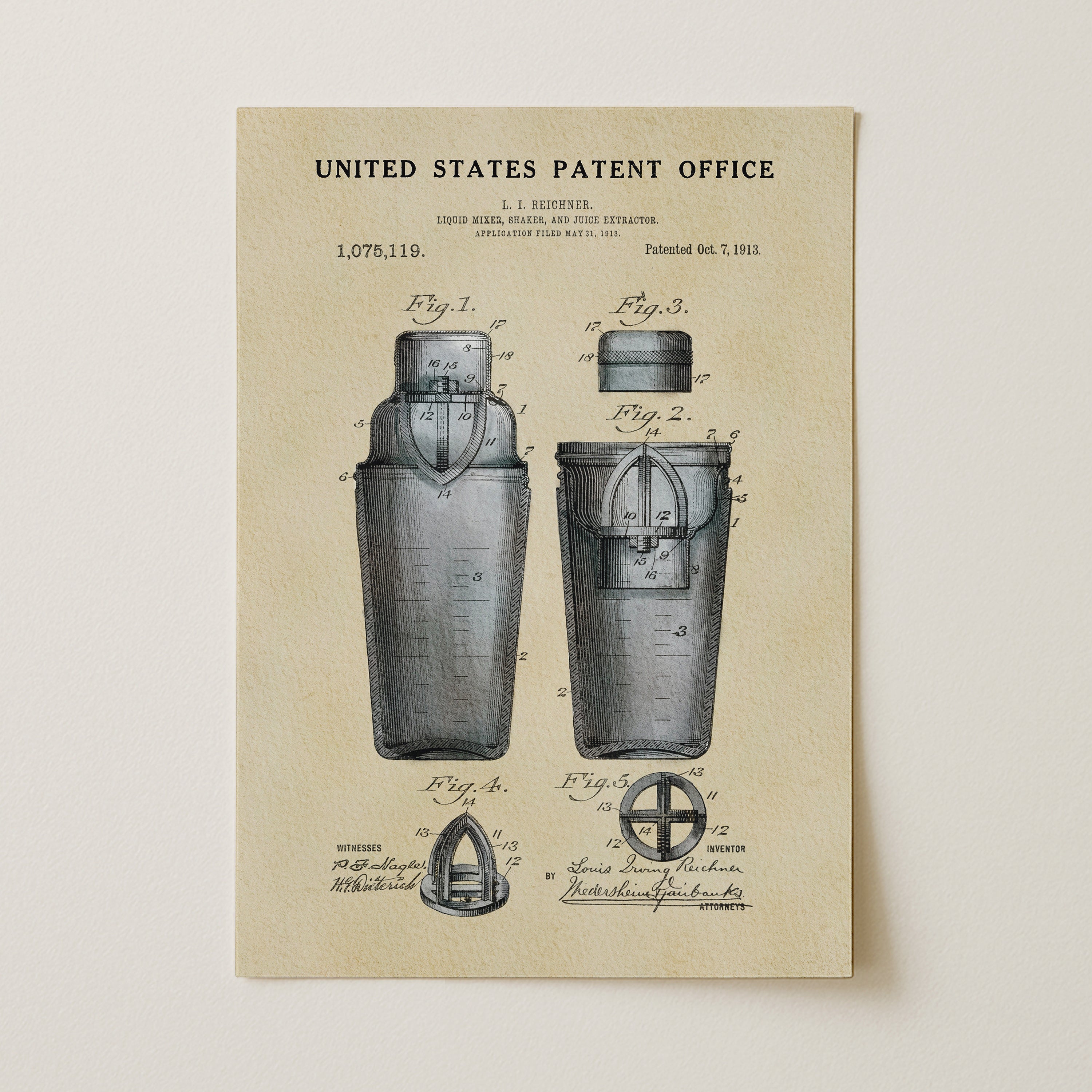 The image is a patent drawing from the United States Patent Office, depicting a silver-colored metal container with various technical drawings and annotations.