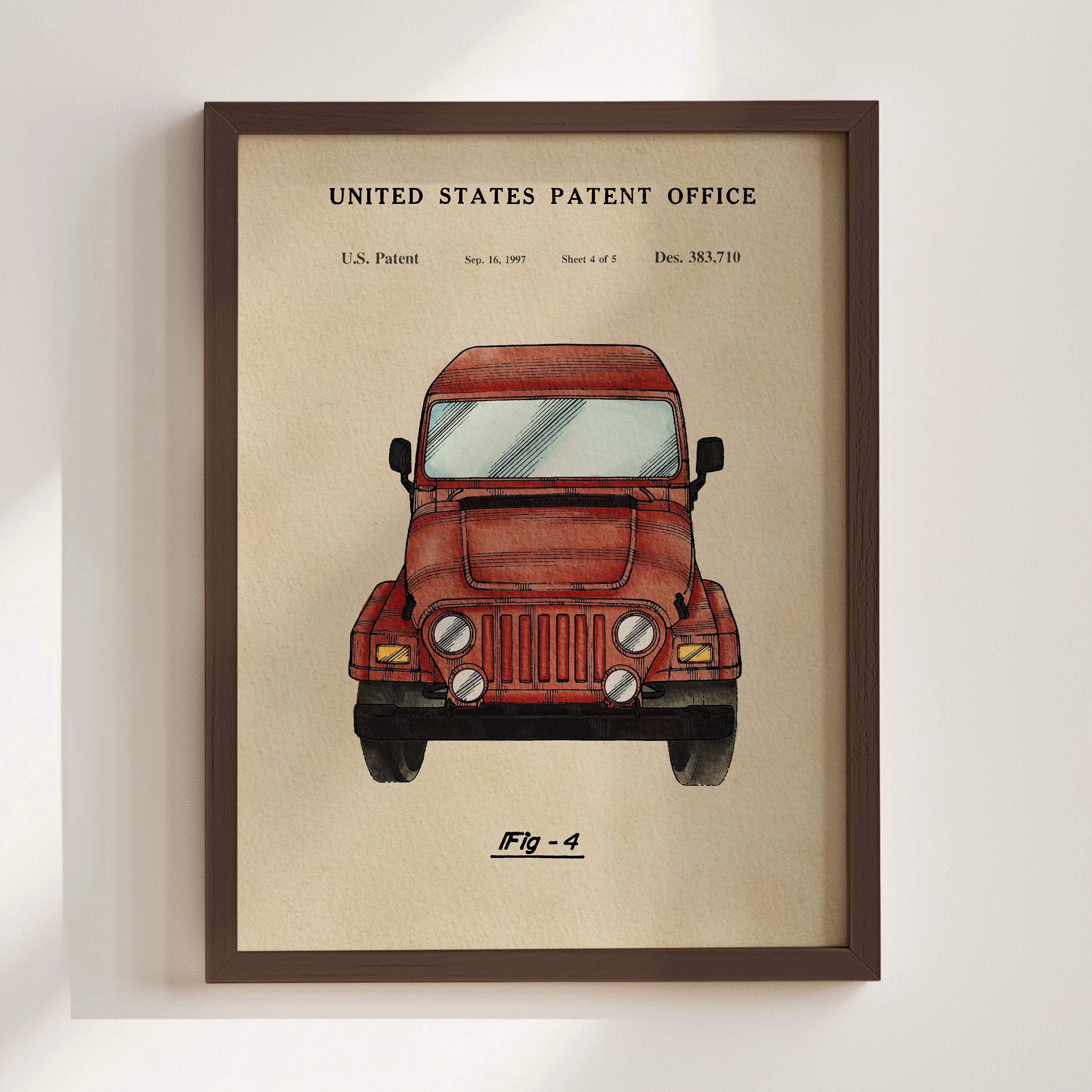 The image is a framed print of a red jeep, depicting a vehicle patent from the United States.