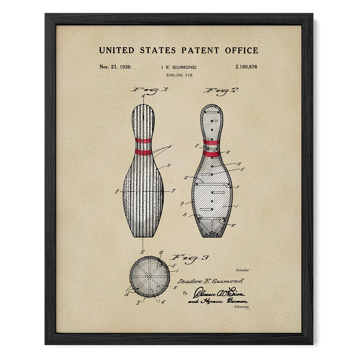 The image is a framed patent drawing of a bowling pin from the United States Patent Office, dated November 21, 1939.