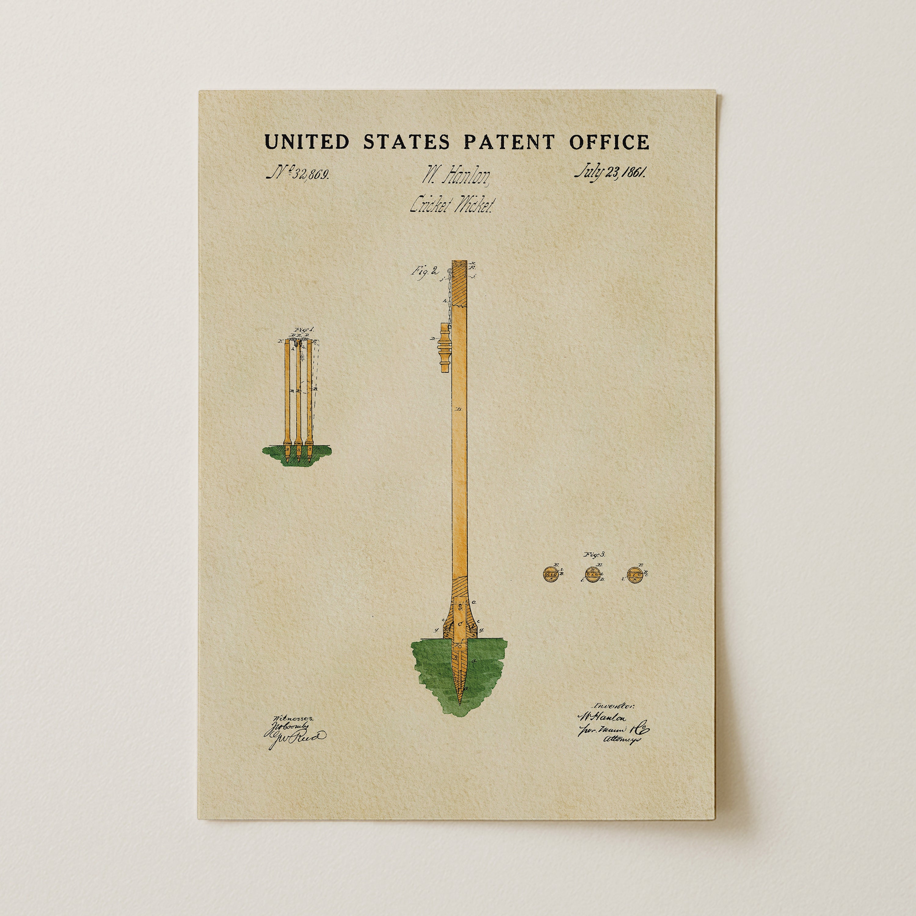 The image is a vintage United States patent drawing depicting a tall, slender structure with a pointed end and a green base.