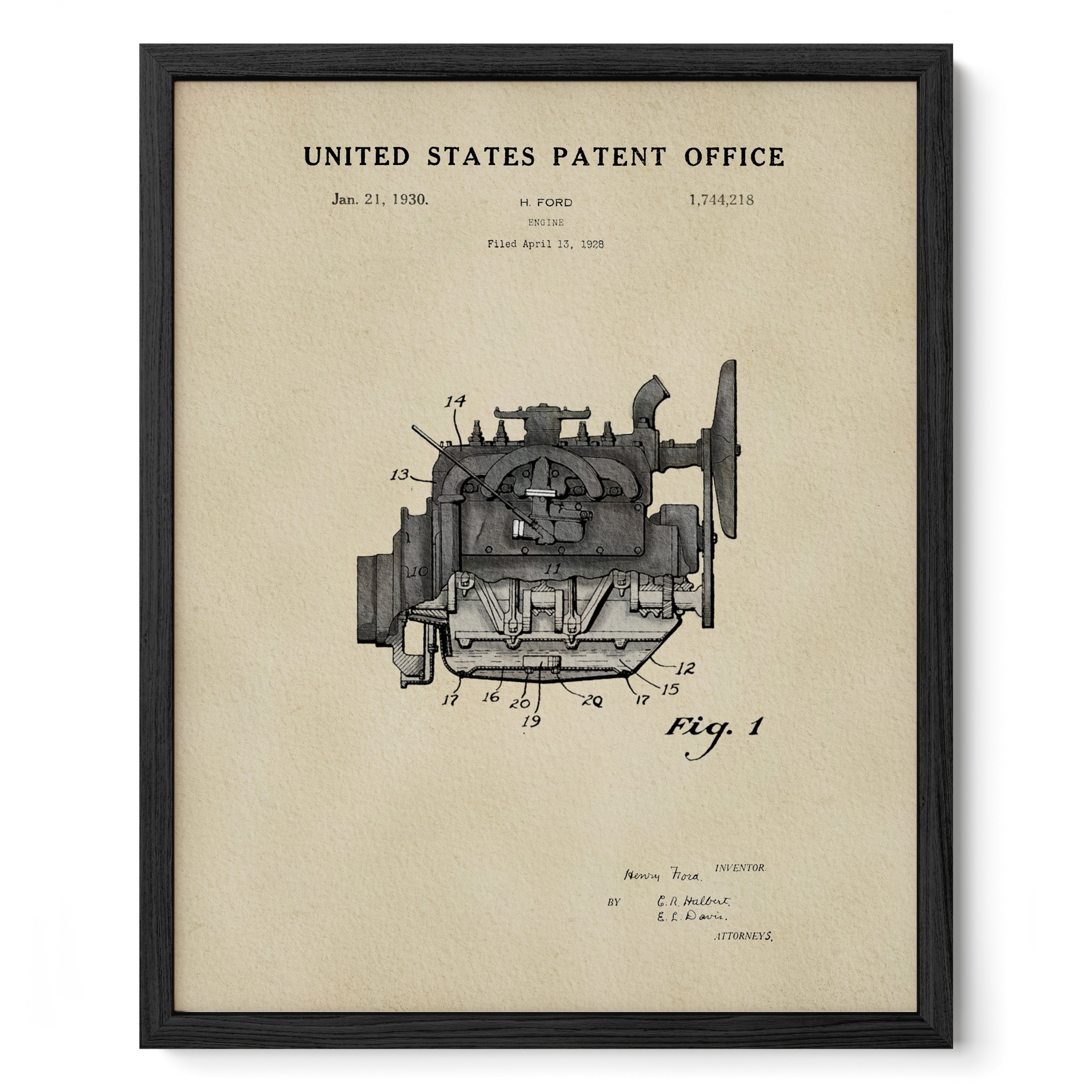 The image is a framed print of a United States patent from January 21, 1930, depicting an engine.