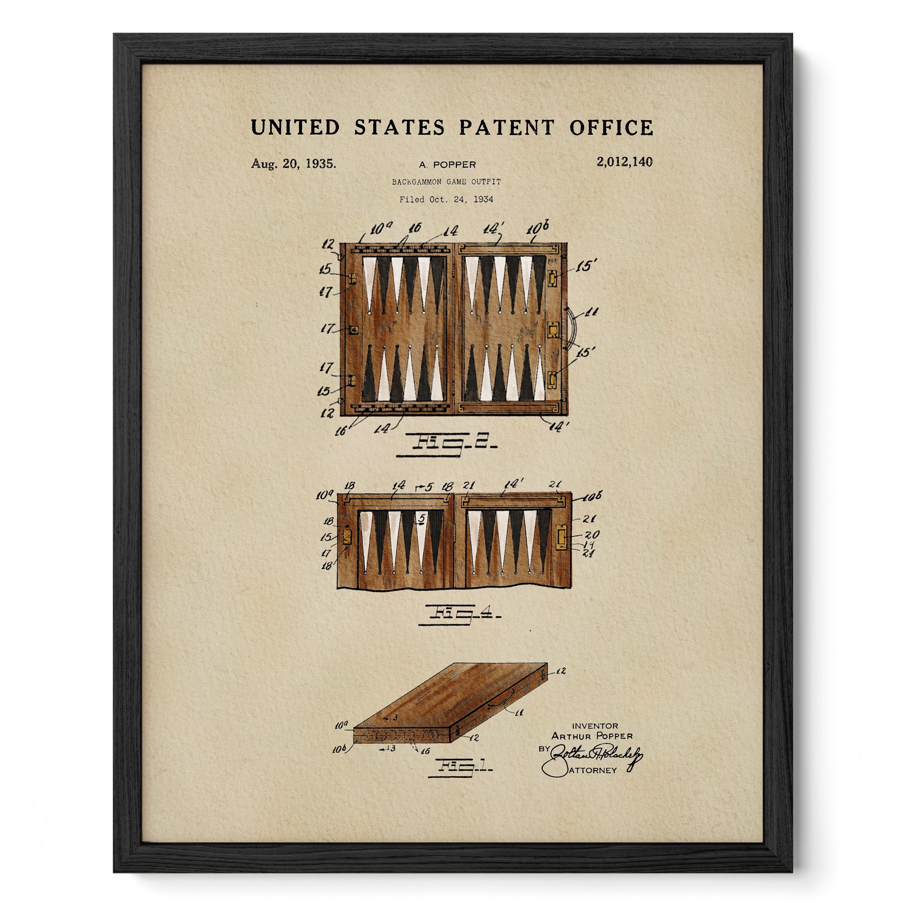 The image is a framed patent drawing depicting a backgammon game, specifically the backgammon case and backgammon game itself.