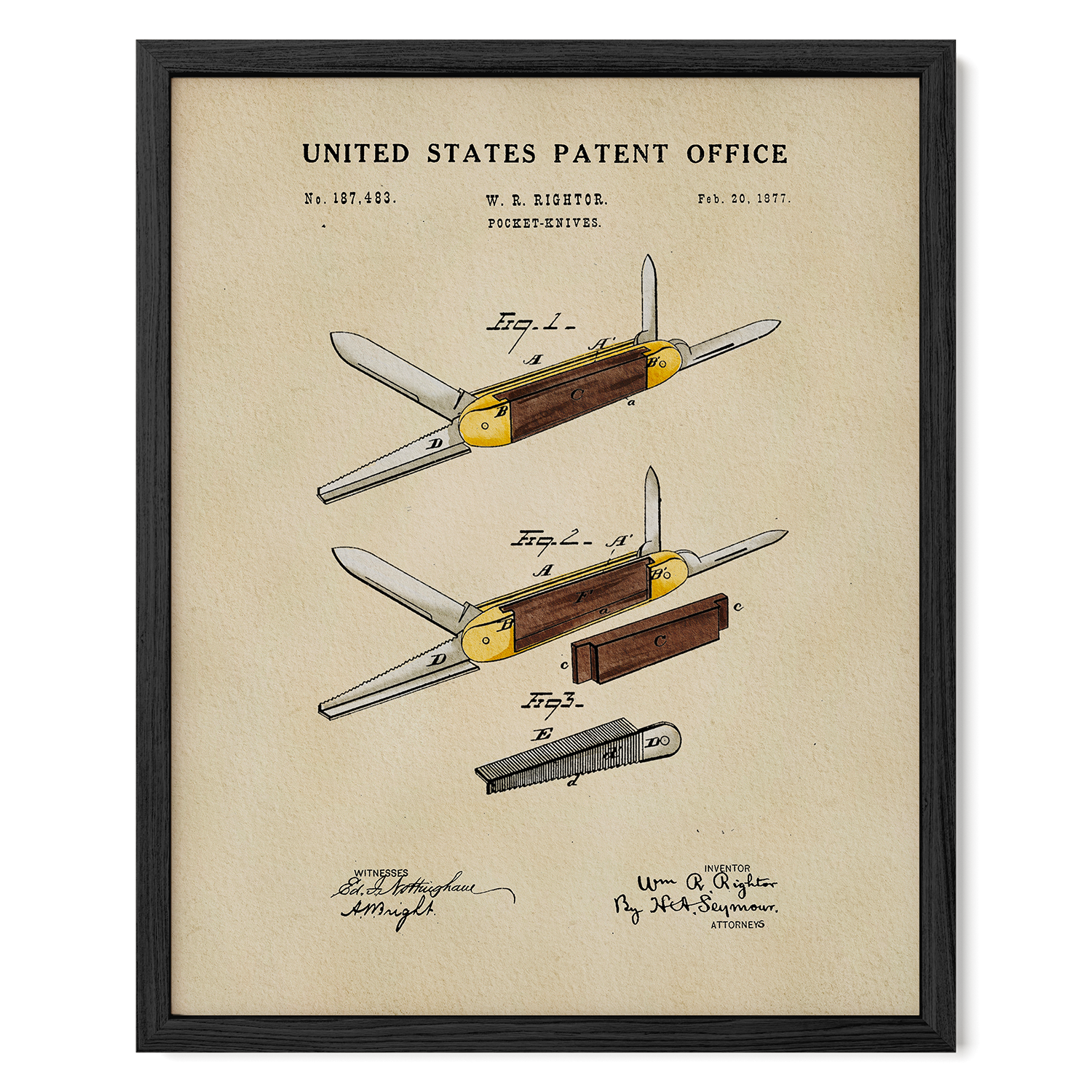 The image is a framed patent drawing depicting a folding knife with a wooden handle and a metal blade.