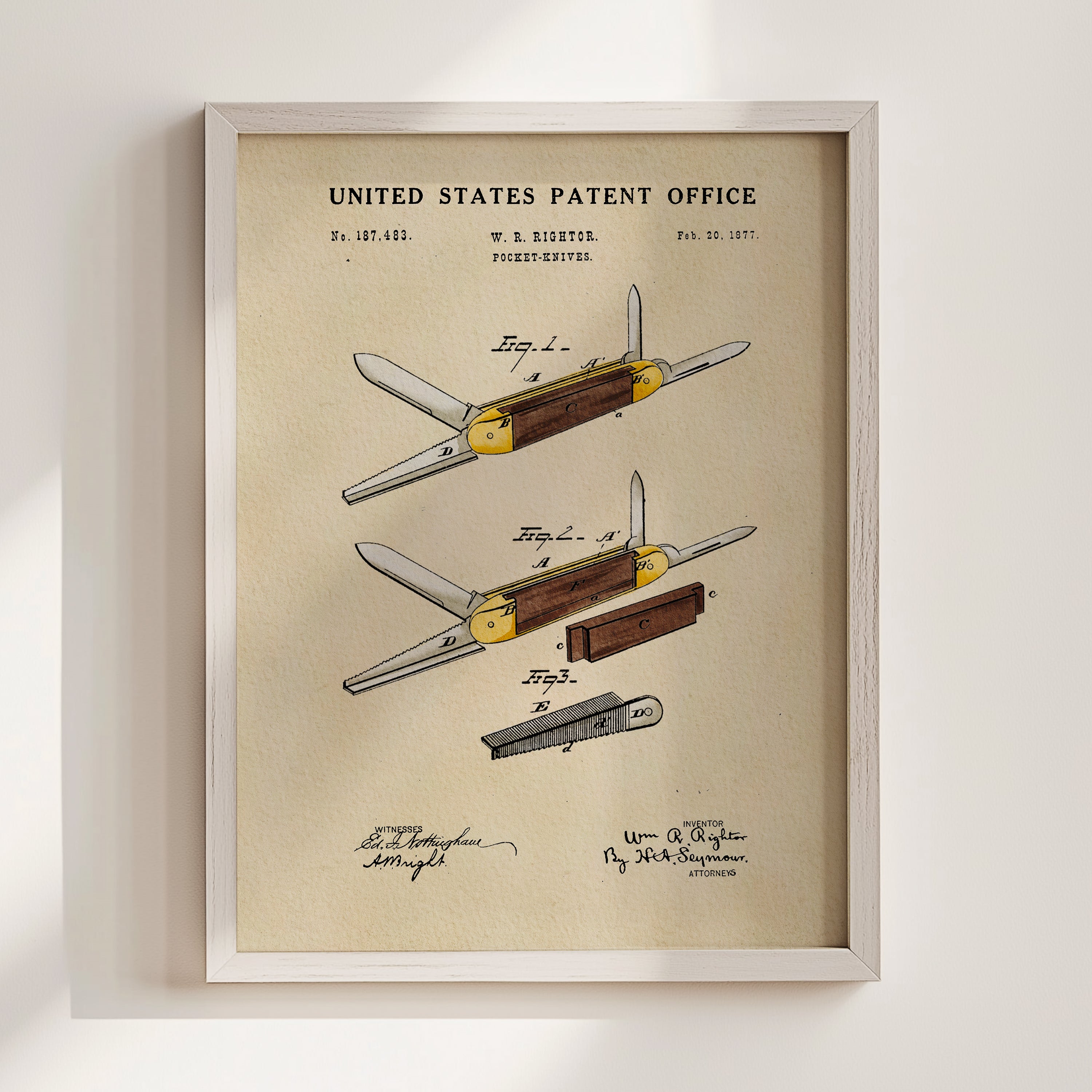 The image is a framed patent drawing depicting a folding knife with a scissor-like blade and a handle.