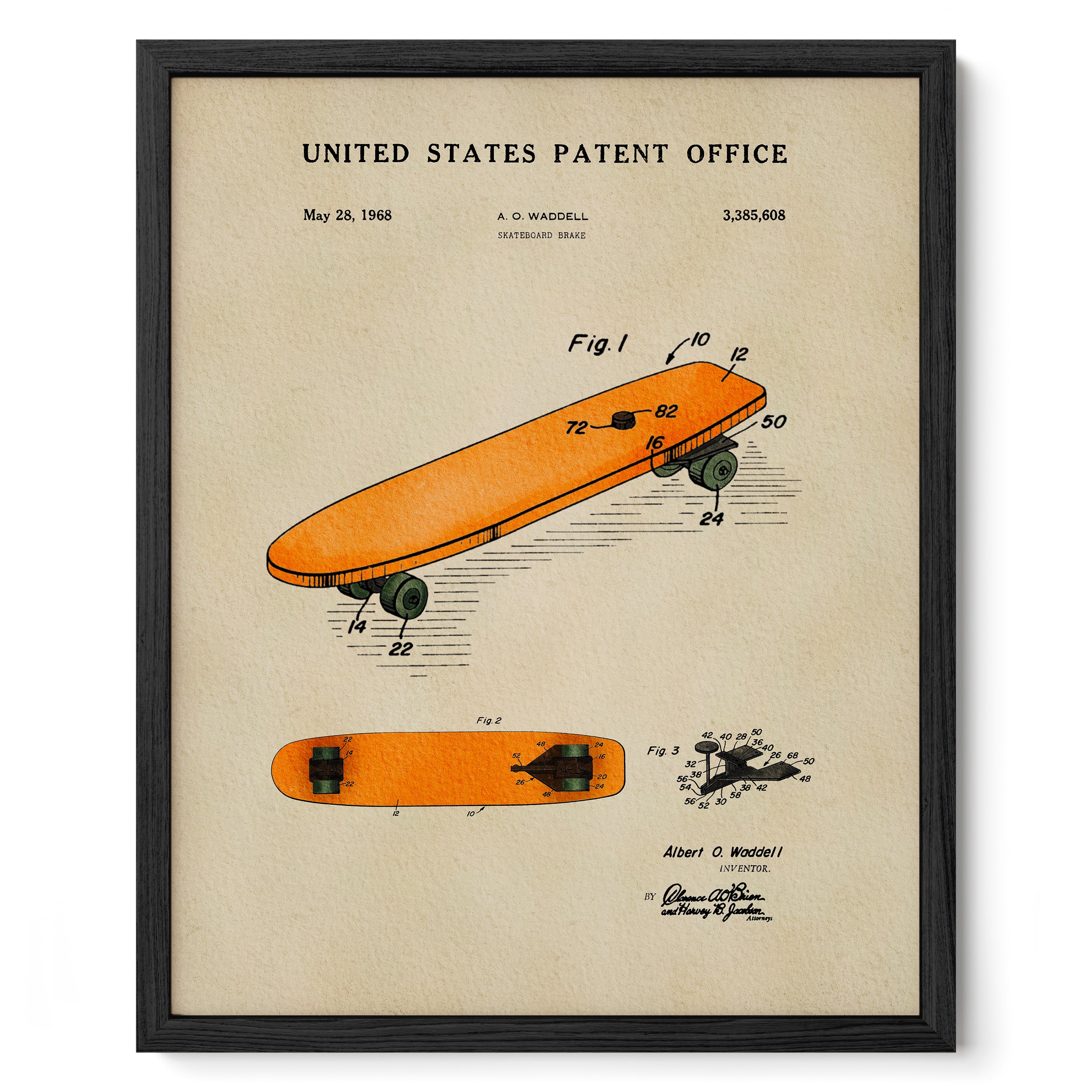 The image is a framed vintage patent drawing of an orange skateboard, depicting the design and features of the skateboard.