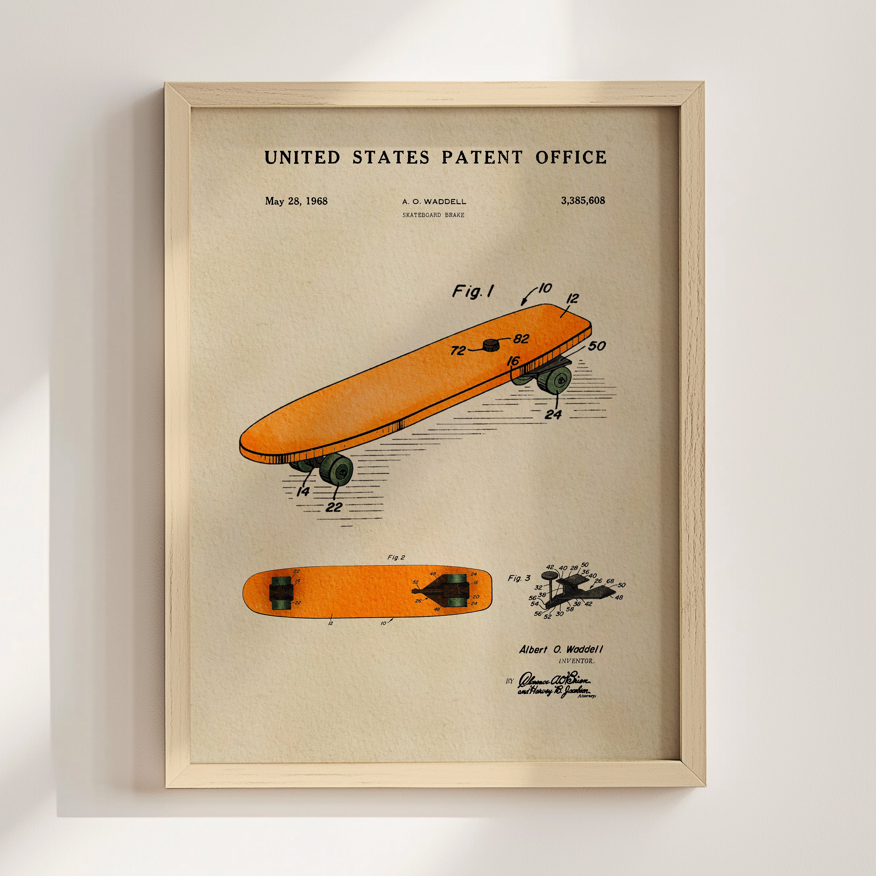 The image is a framed patent drawing of a skateboard, depicting the design and features of the skateboard.