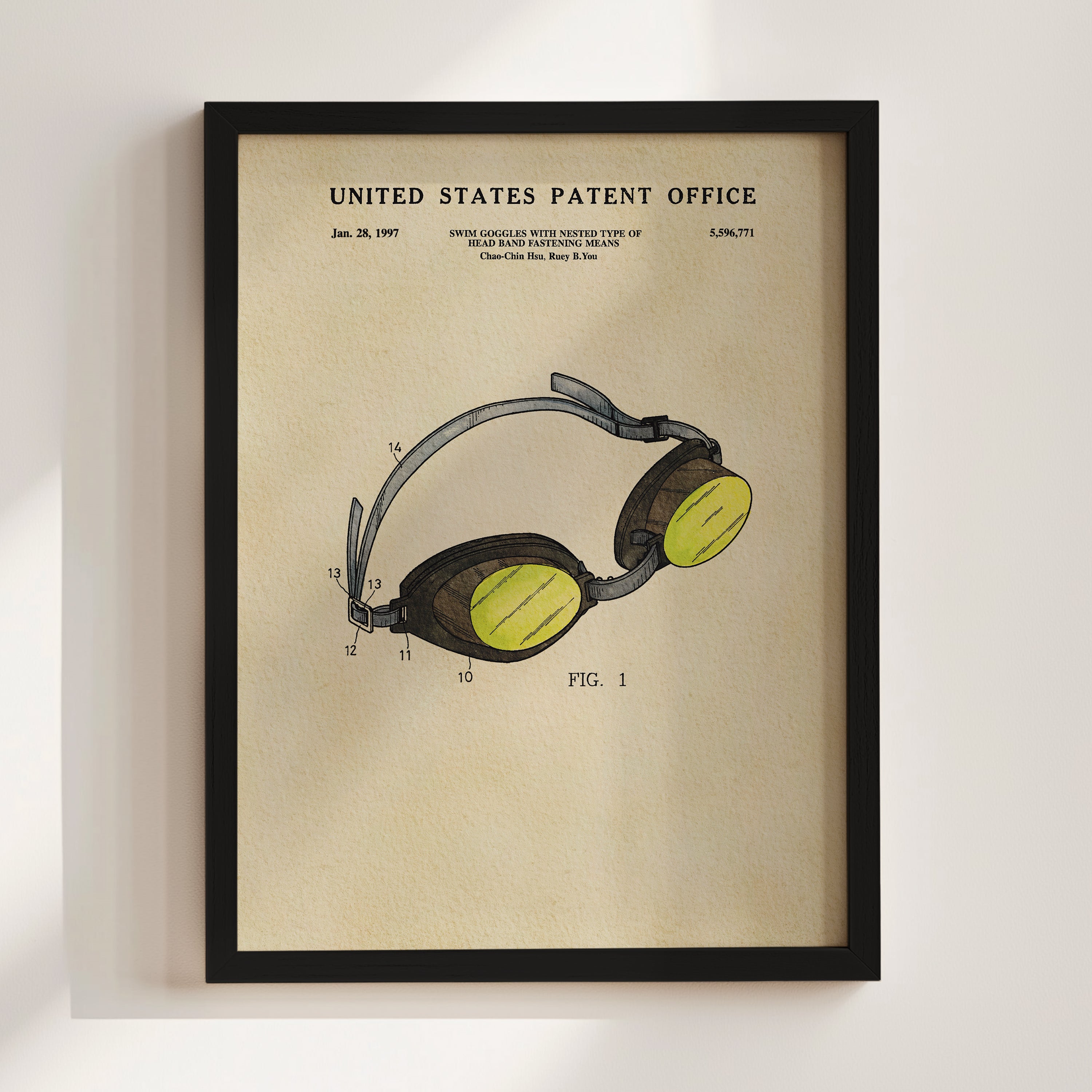 The image is a framed print of a United States patent office patent from January 28, 1997, titled