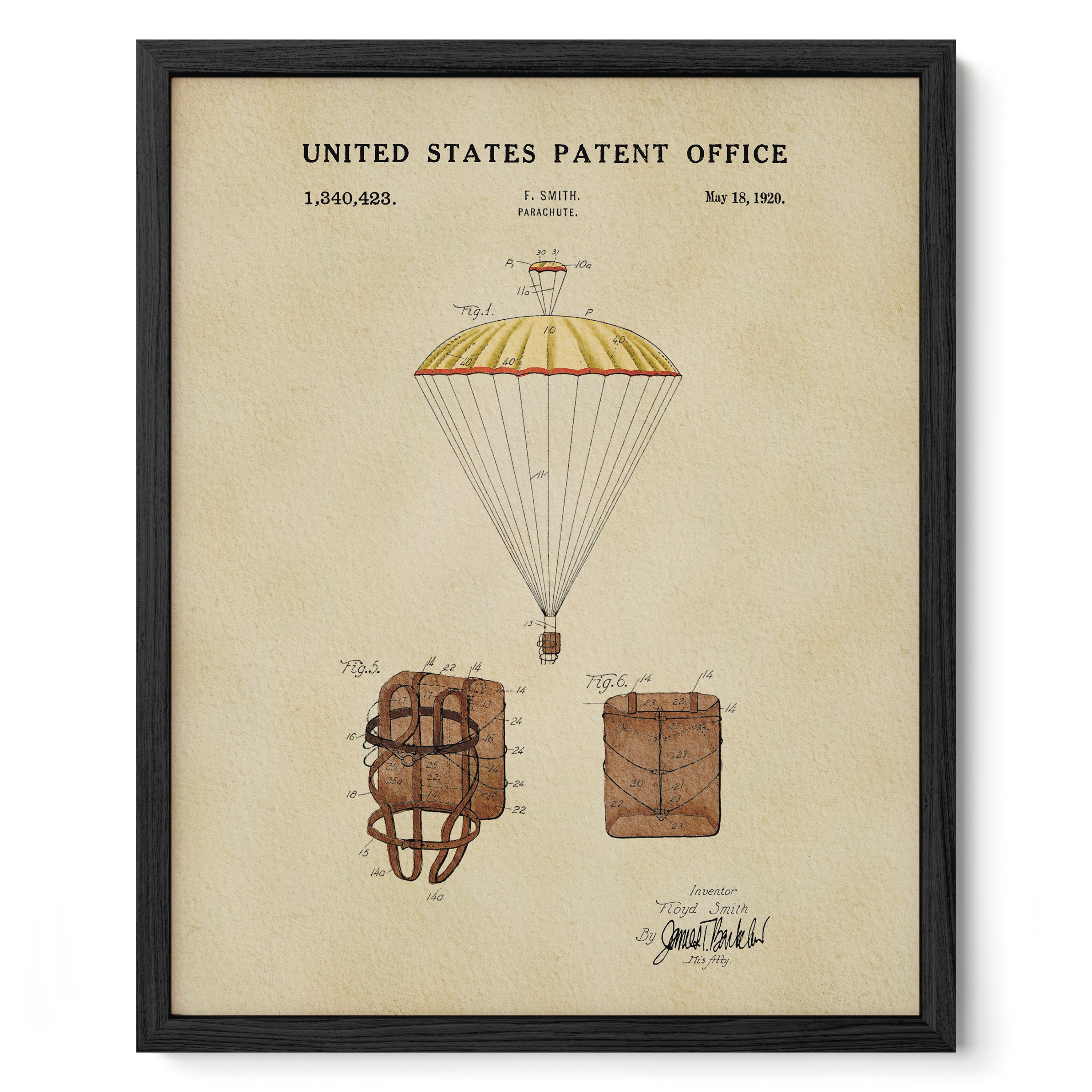 The image is a framed print depicting a parachute and its components, including the parachute itself and a parachute harness.