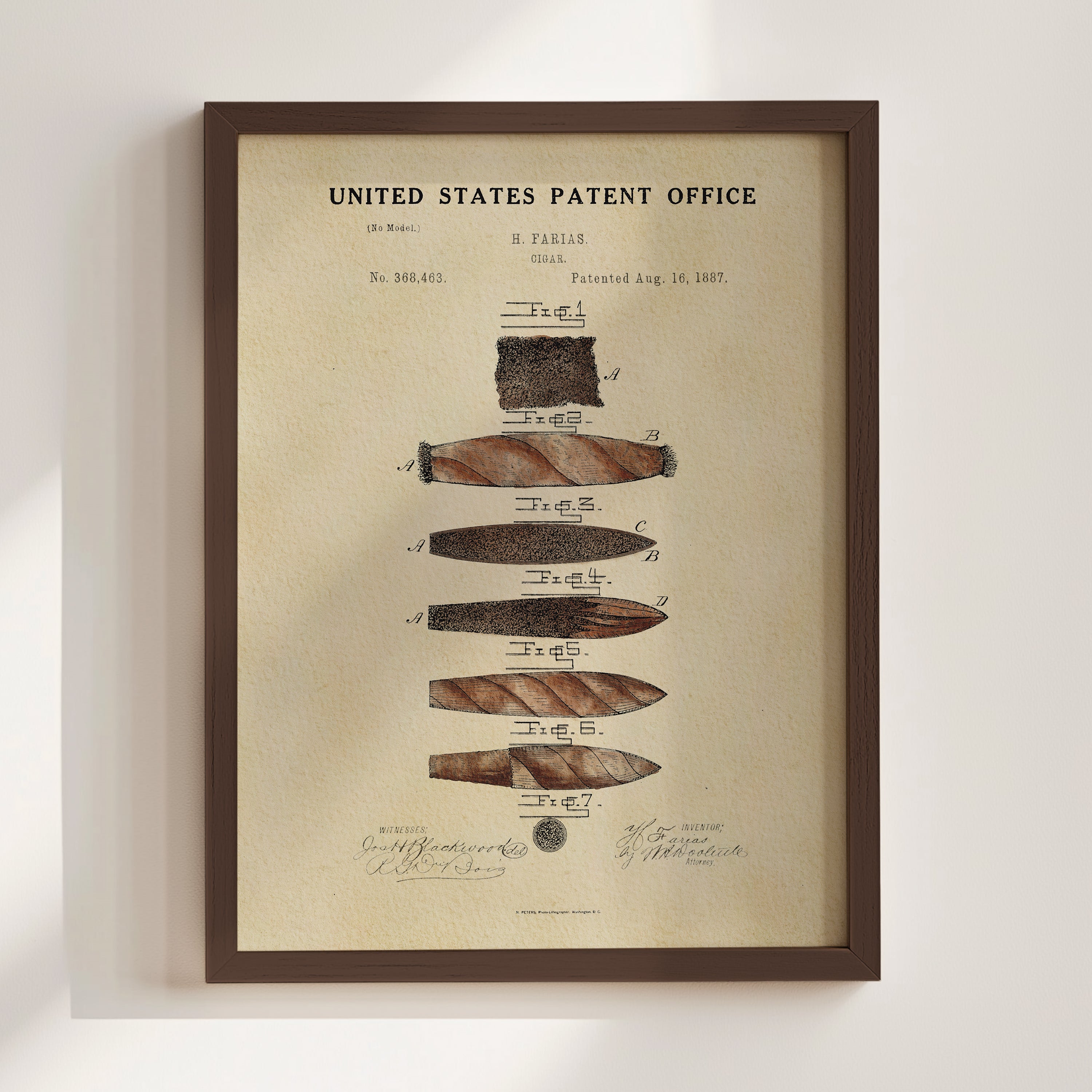 The image is a framed print of a United States patent office patent from 1887, featuring a detailed illustration of a cigar.