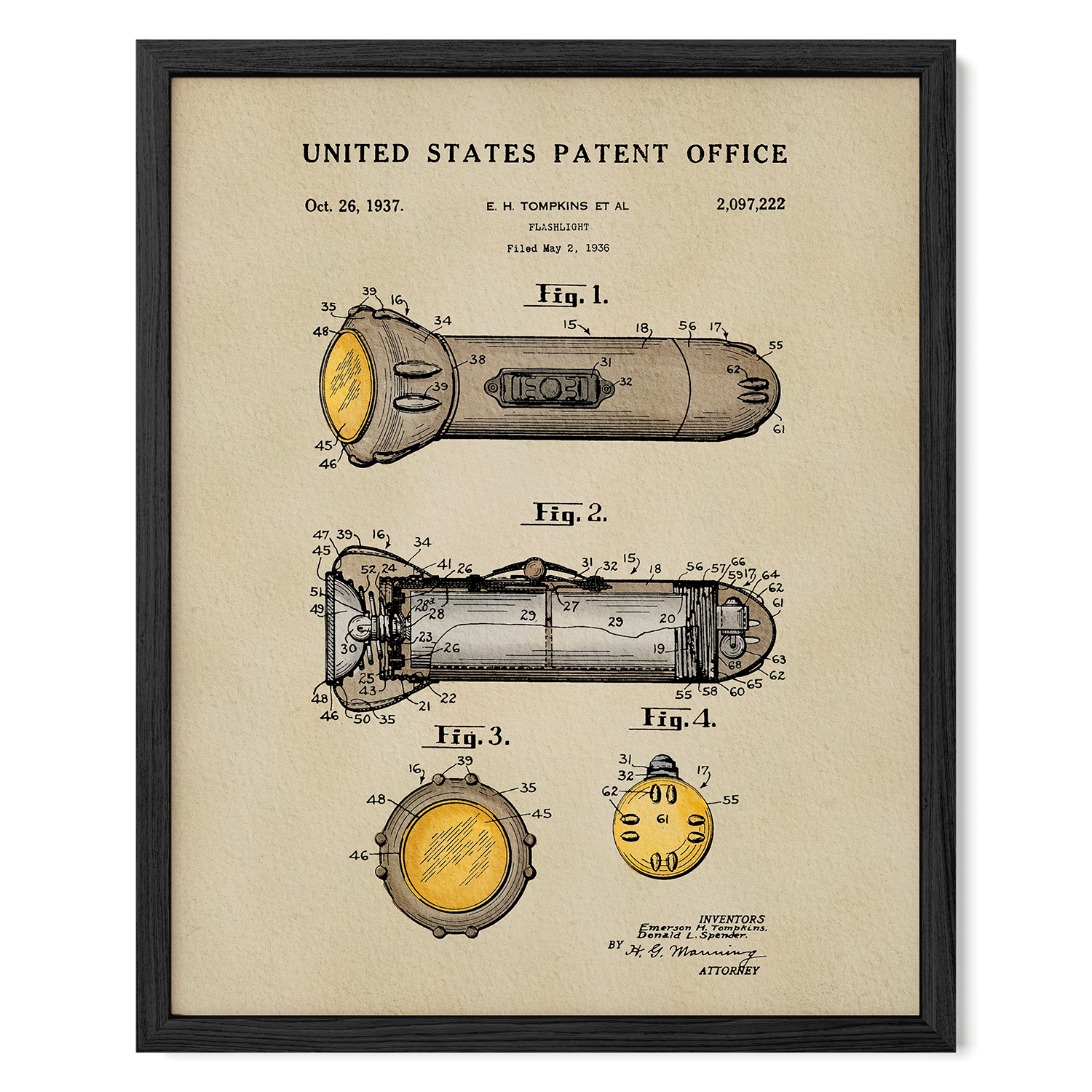 The image is a framed patent drawing depicting a flashlight, featuring detailed technical drawings and specifications.