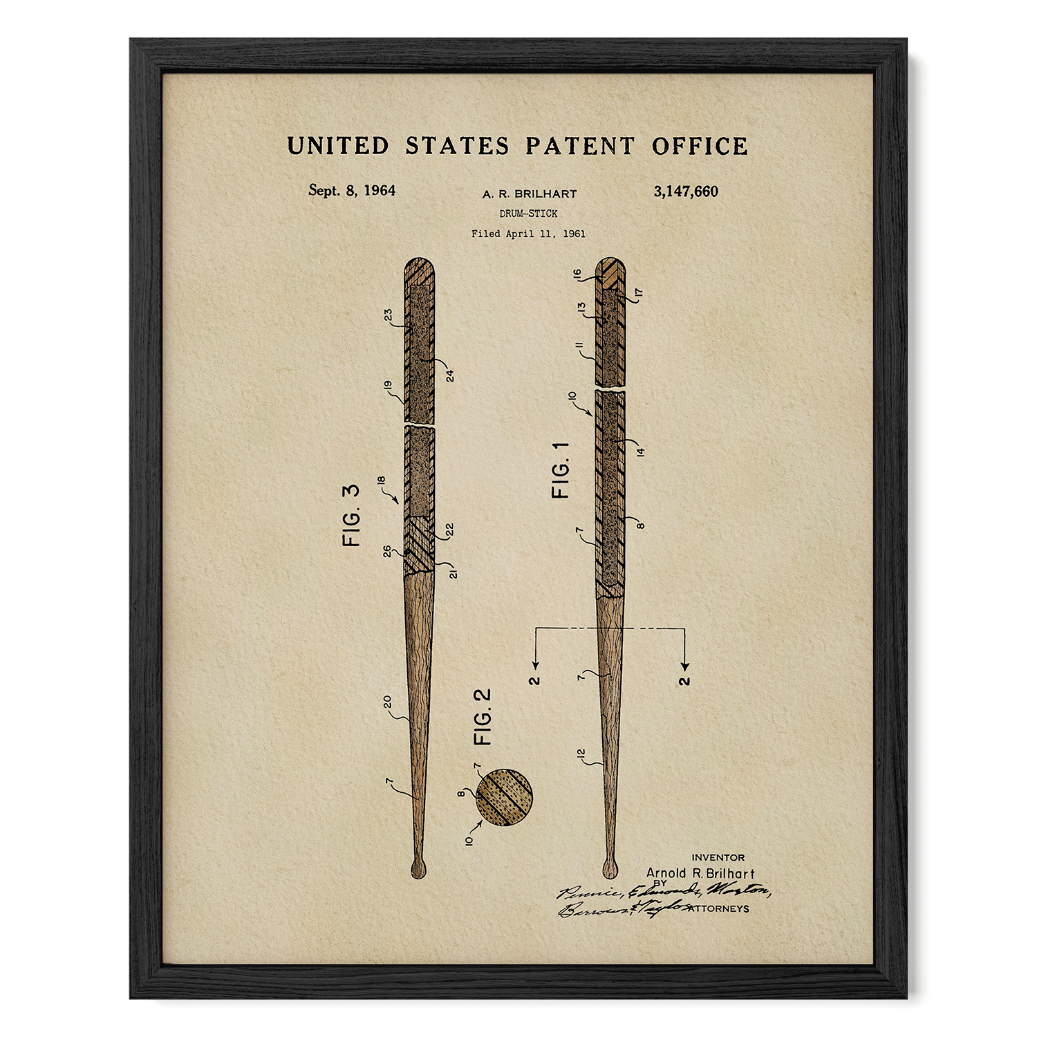 The image is a framed patent drawing of a baseball bat from 1964, depicting the design and features of the bat.
