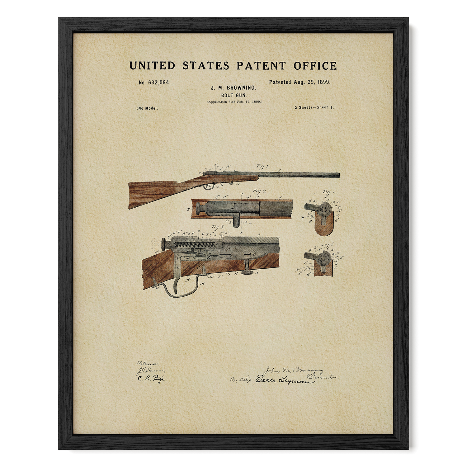 The image is a framed patent drawing of a rifle, depicting its design and features.