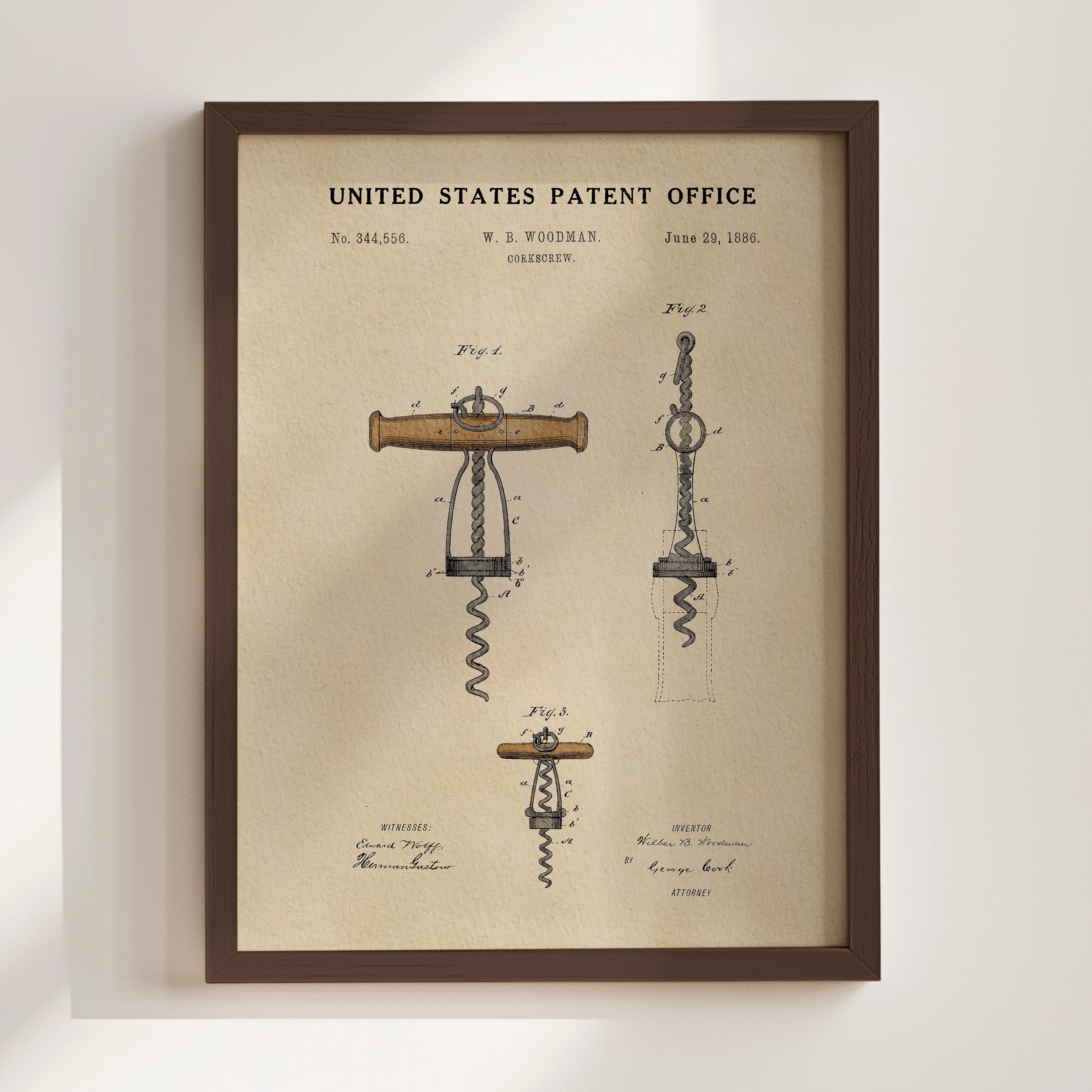 The image is a framed patent drawing depicting a corkscrew, which is a tool used to remove corks from wine bottles.