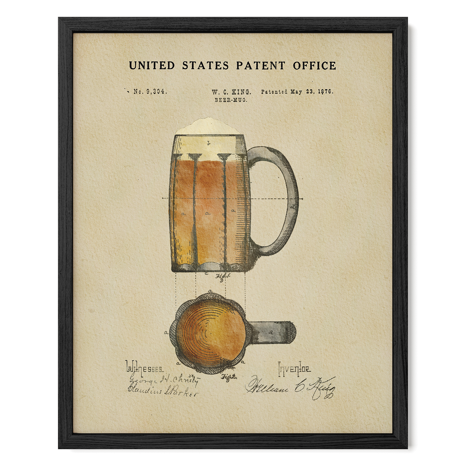 The image is a framed print depicting a beer mug with a detailed illustration of the mug and its contents.