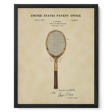 A framed patent drawing of a tennis racket from the United States Patent Office, dated April 7, 1925.