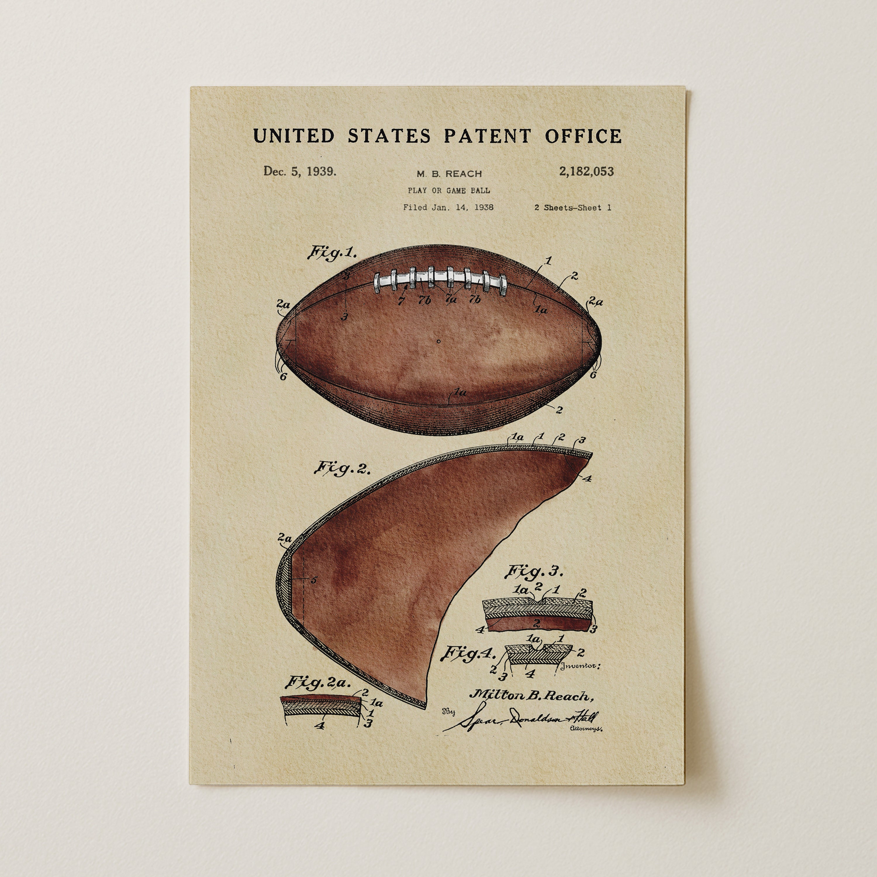 The image is a vintage United States patent office patent for a football, dated December 5, 1939. It features a detailed illustration of the football with various markings and diagrams.