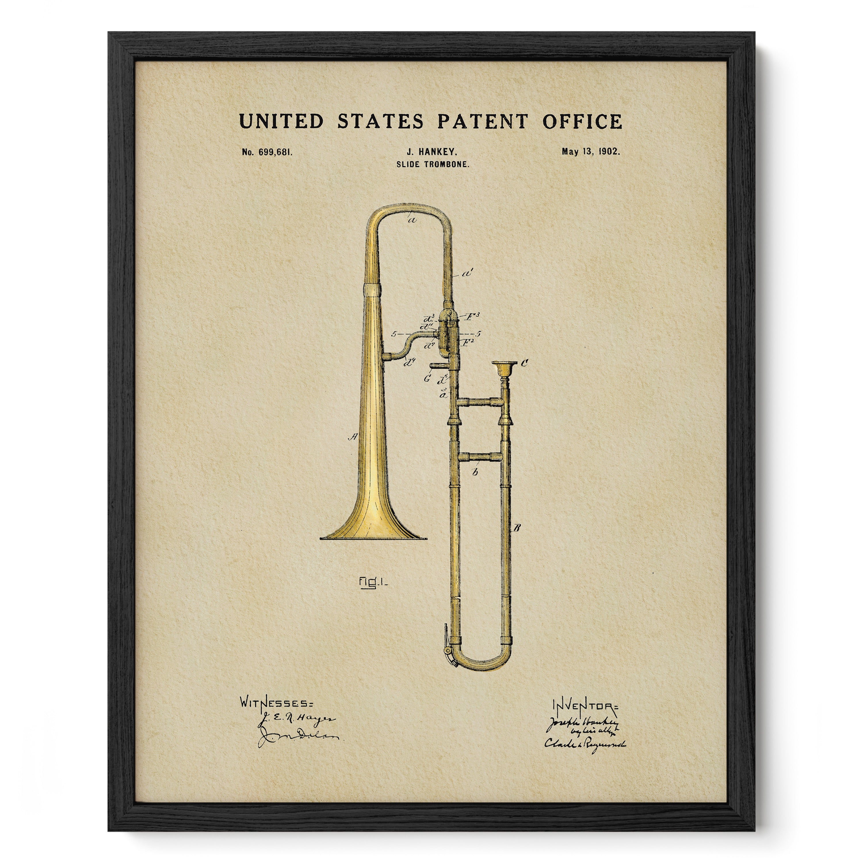 The image is a framed print of a patent drawing for a trumpet, depicting the instrument in a detailed and technical manner.