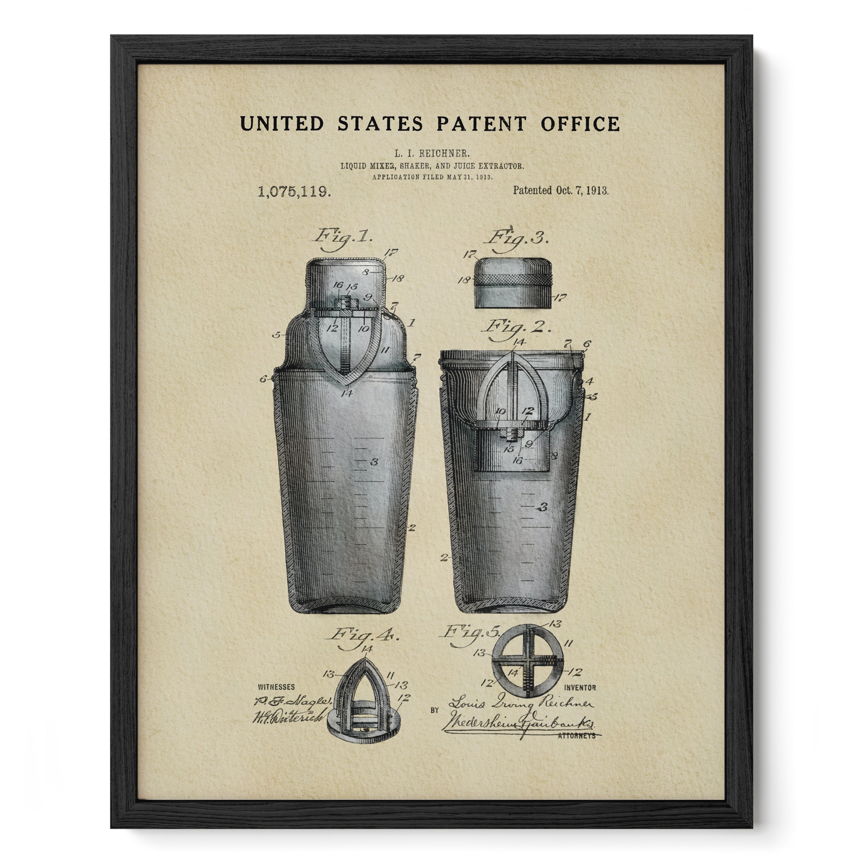 The image is a framed patent drawing depicting a device, likely a mixer or shaker, with detailed technical drawings and specifications.