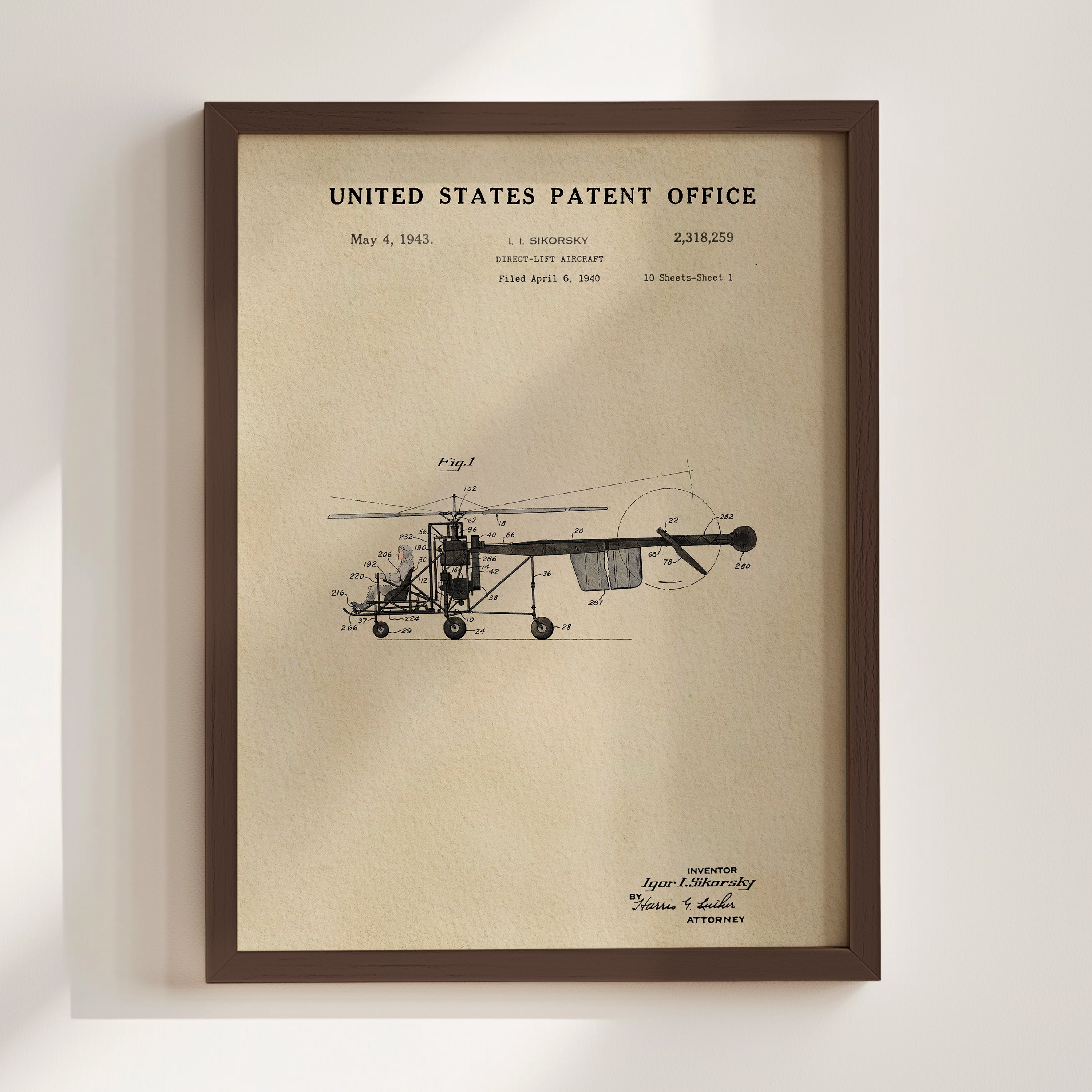 The image is a framed patent drawing of a helicopter, depicting the design and features of the aircraft.
