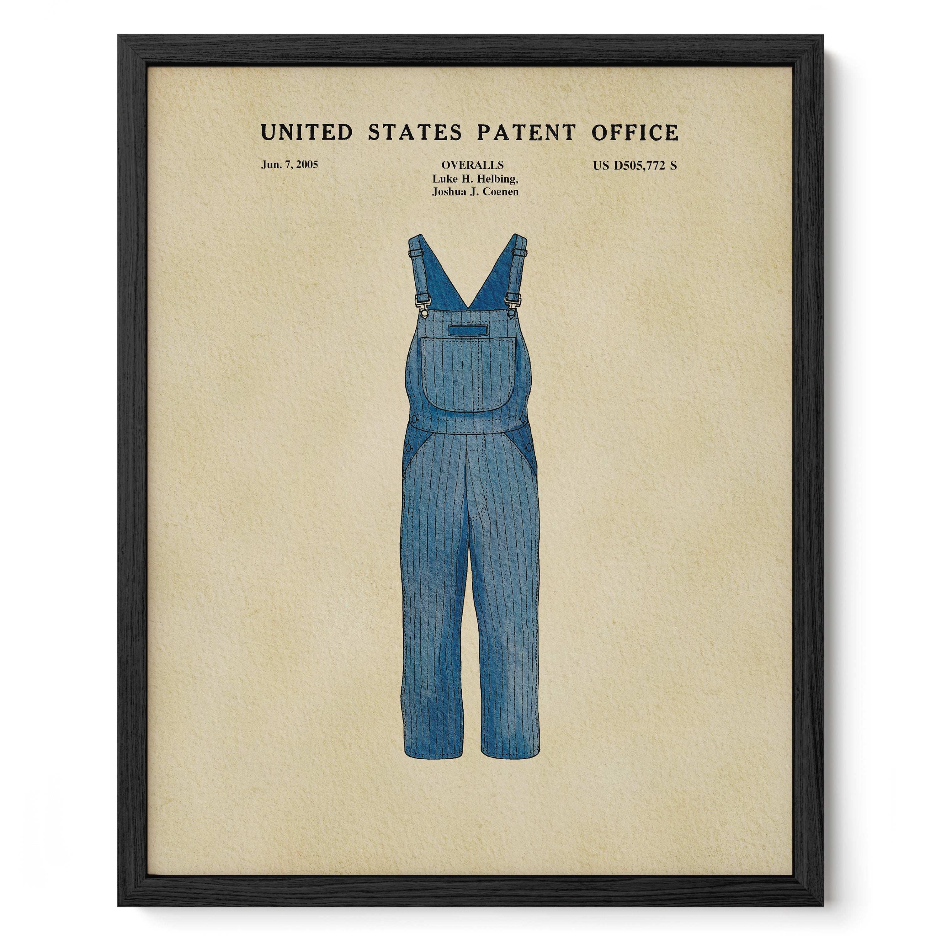 A framed illustration of a pair of blue overalls with the text