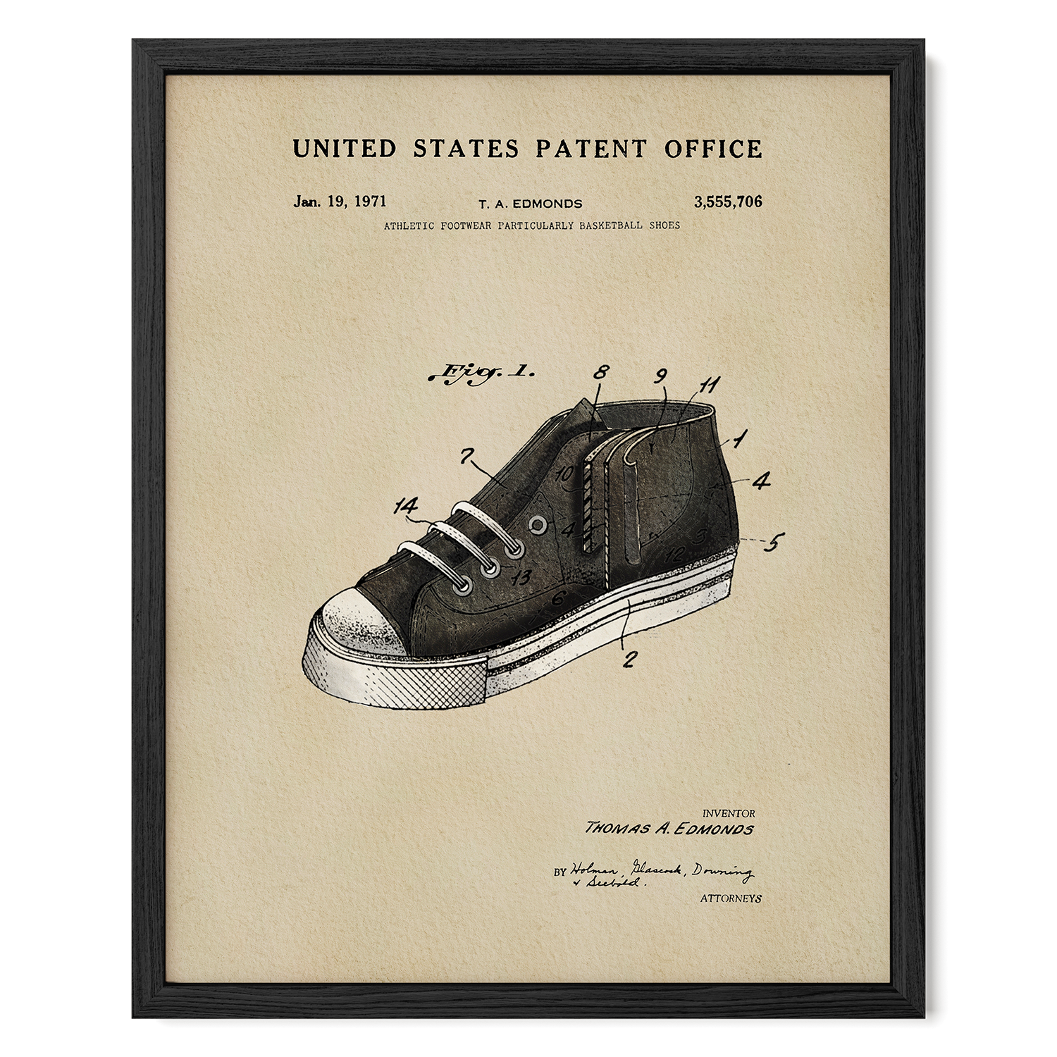 The image is a framed patent drawing of a shoe, depicting the design and features of the shoe.
