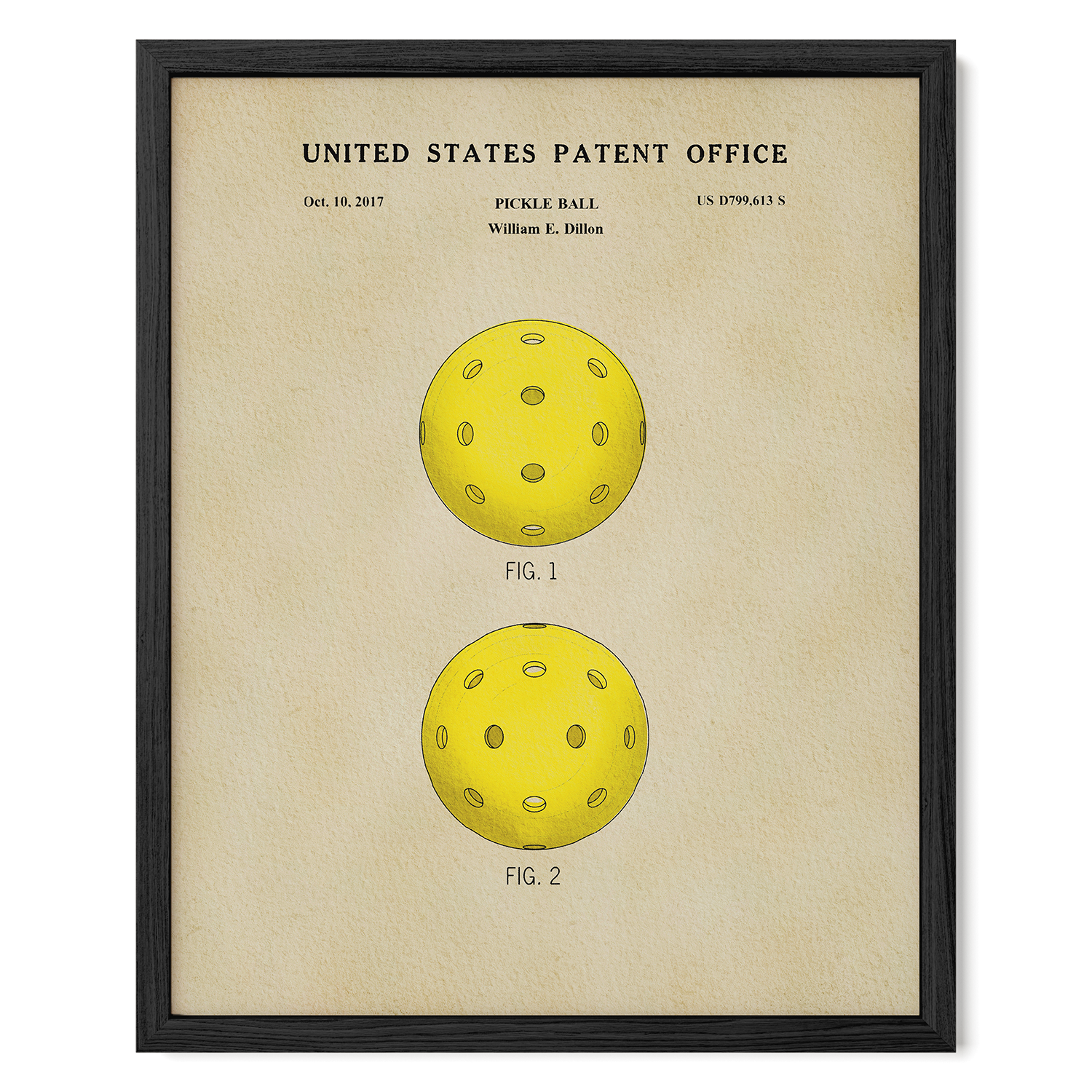 The image is a framed patent drawing of a yellow paddle ball, depicting two different designs of the paddle ball.