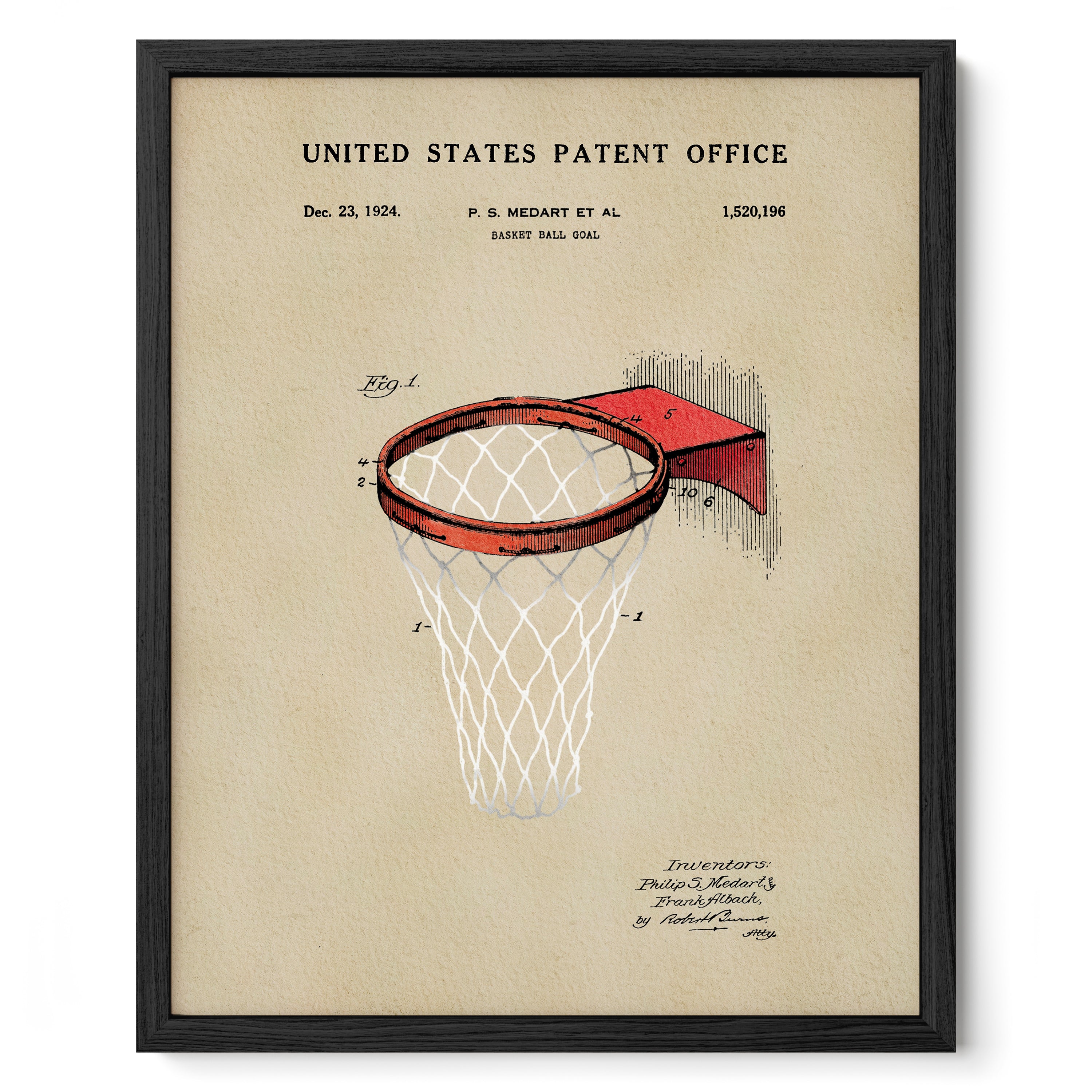 A framed patent drawing of a basketball hoop with a net, dated December 23, 1924, and the patent number 1,250,196.