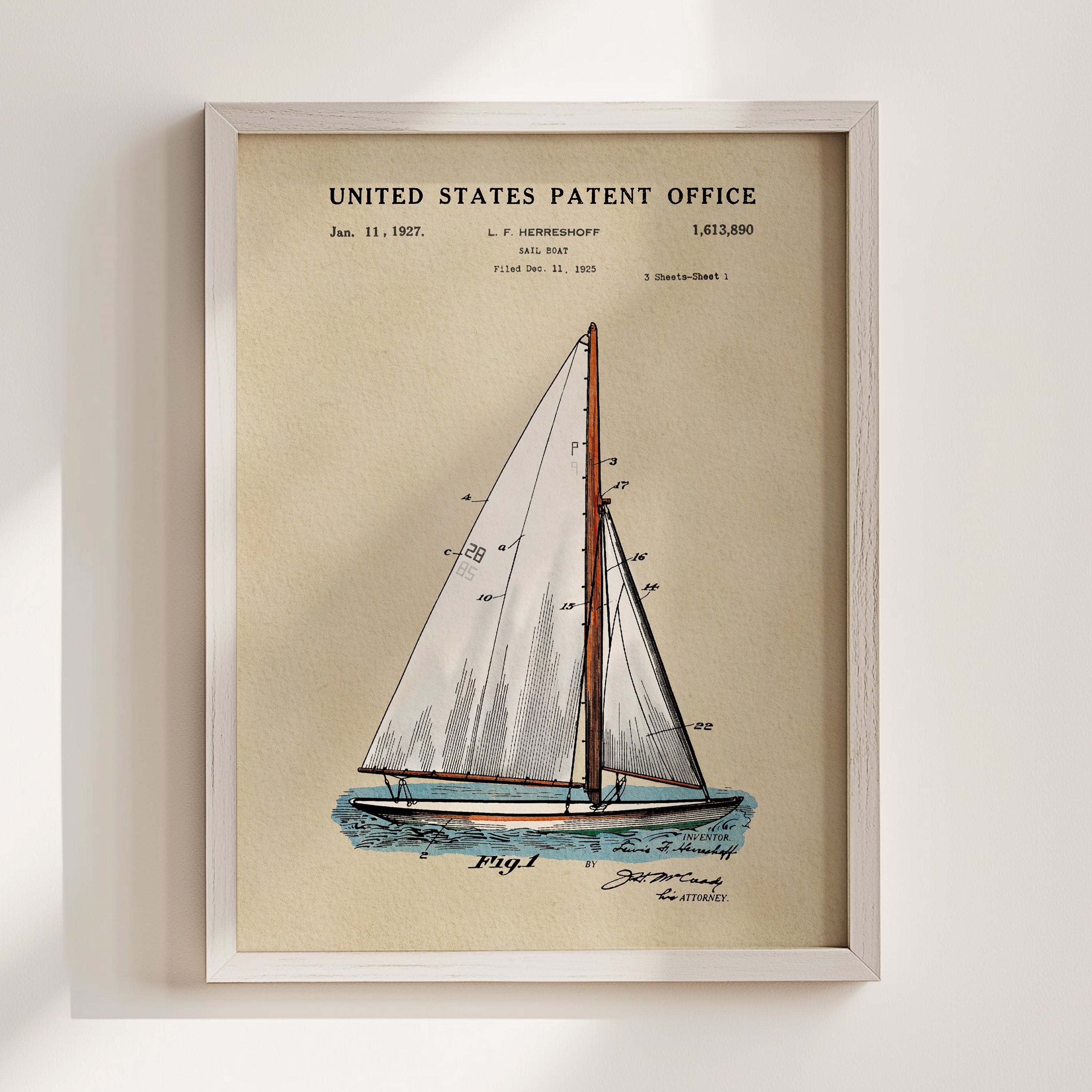 A framed illustration of a sailboat with a United States Patent Office label.