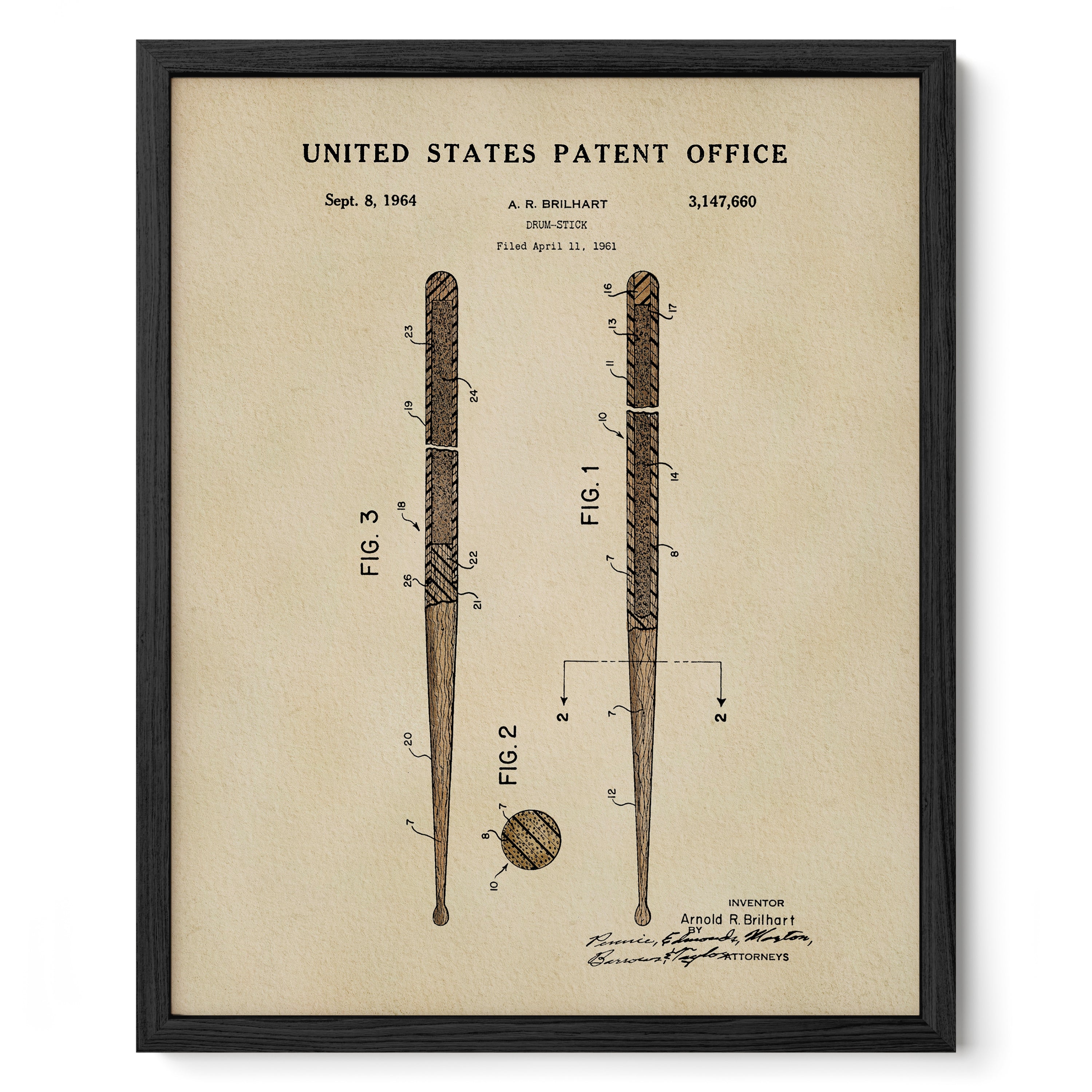The image is a framed vintage patent drawing of a baseball bat, depicting the design and features of the bat.